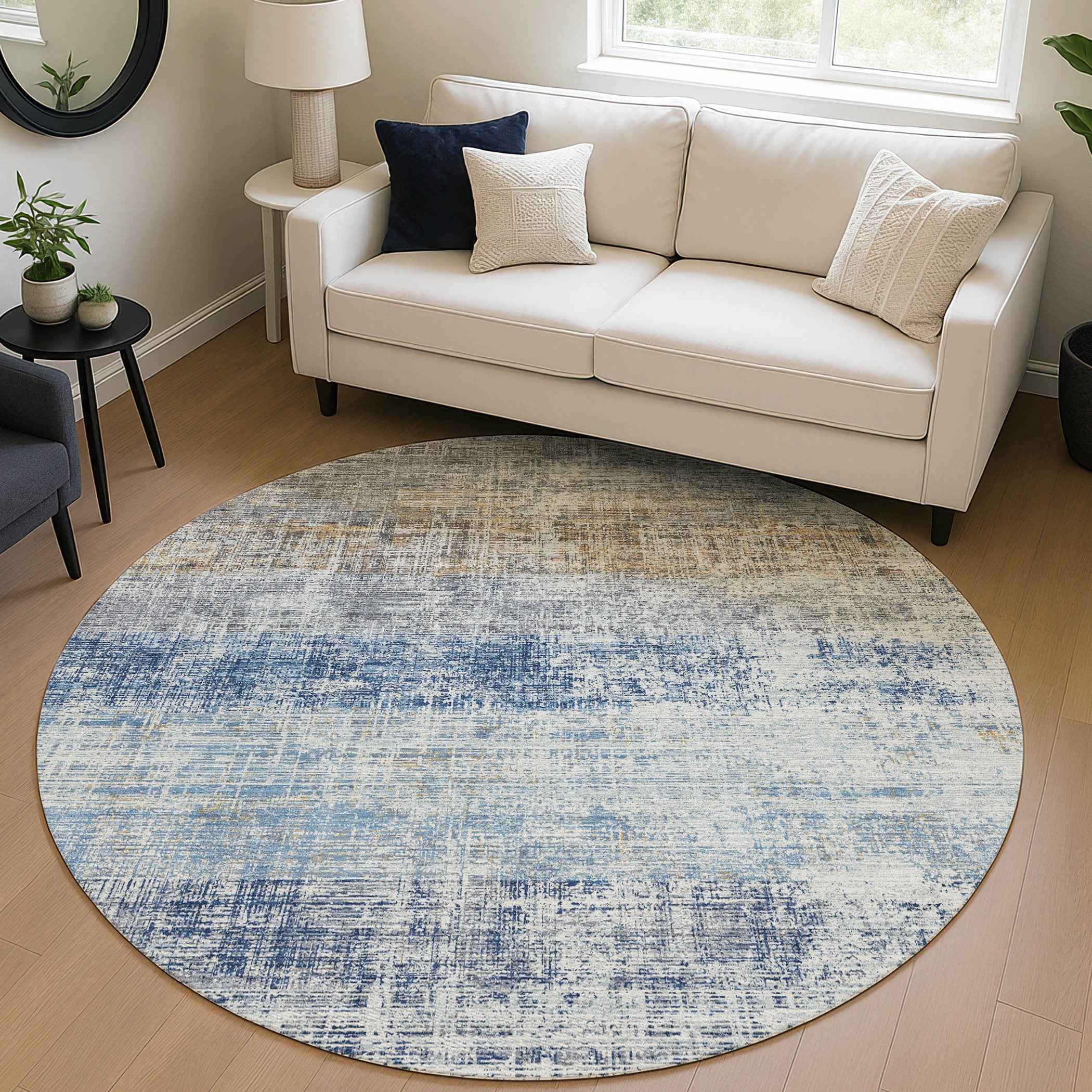 8' Denim Blue Ivory And Beige Round Striped Washable Indoor Outdoor Area Rug