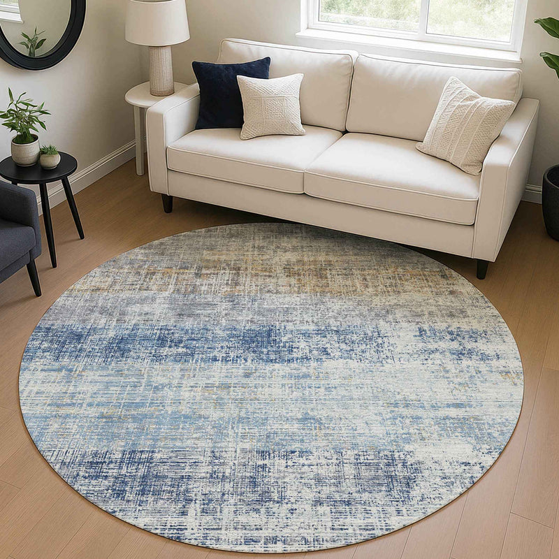 8' Denim Blue Ivory And Beige Round Striped Washable Indoor Outdoor Area Rug