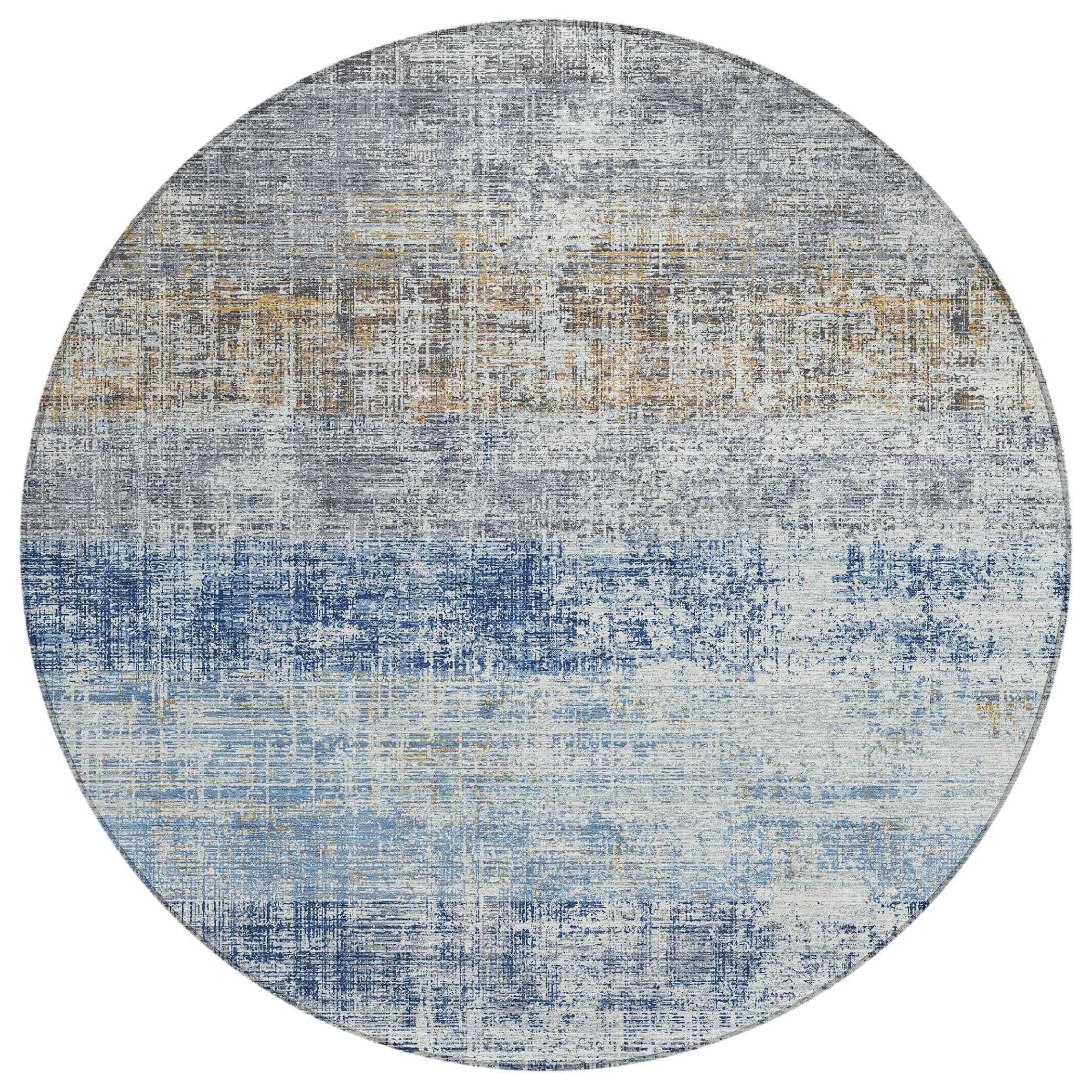 8' Denim Blue Ivory And Beige Round Striped Washable Indoor Outdoor Area Rug