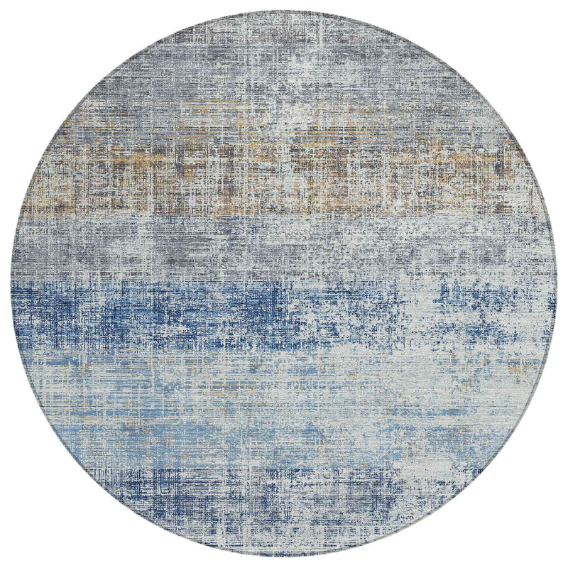 8' Denim Blue Ivory And Beige Round Striped Washable Indoor Outdoor Area Rug