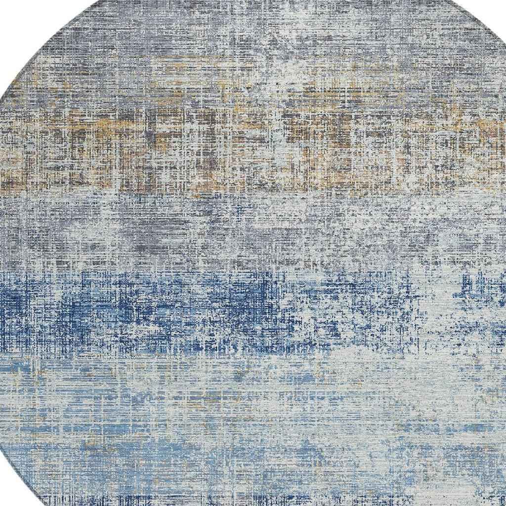 8' Denim Blue Ivory And Beige Round Striped Washable Indoor Outdoor Area Rug