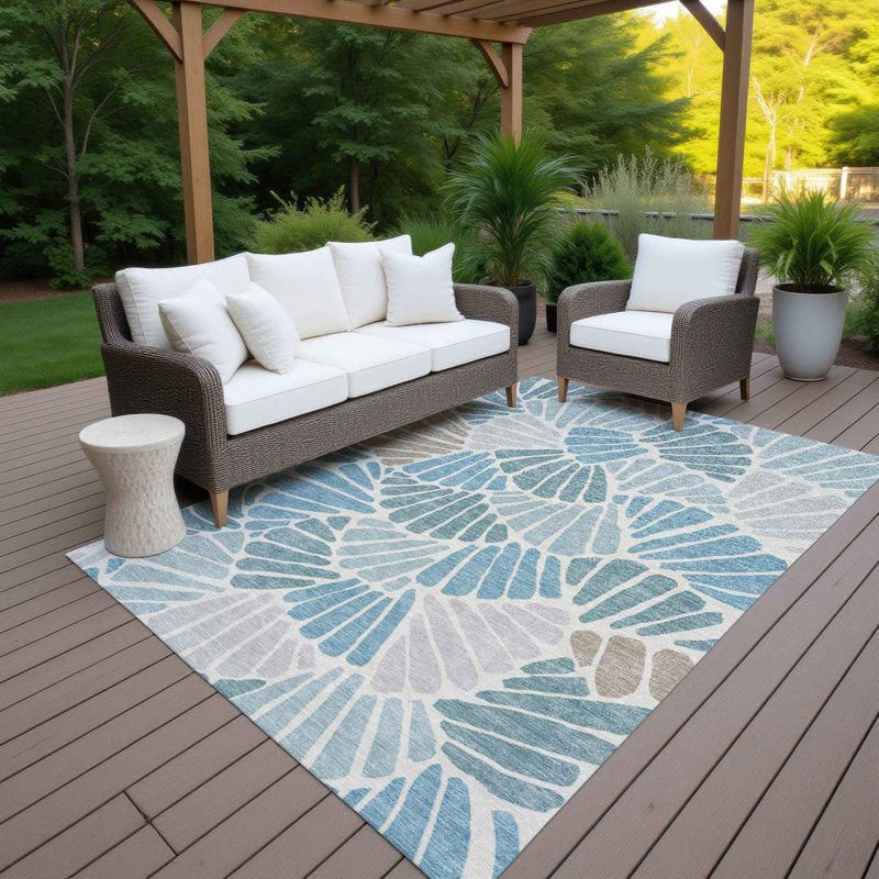 9' X 12' Teal Blue Ivory And Gray Floral Washable Indoor Outdoor Area Rug
