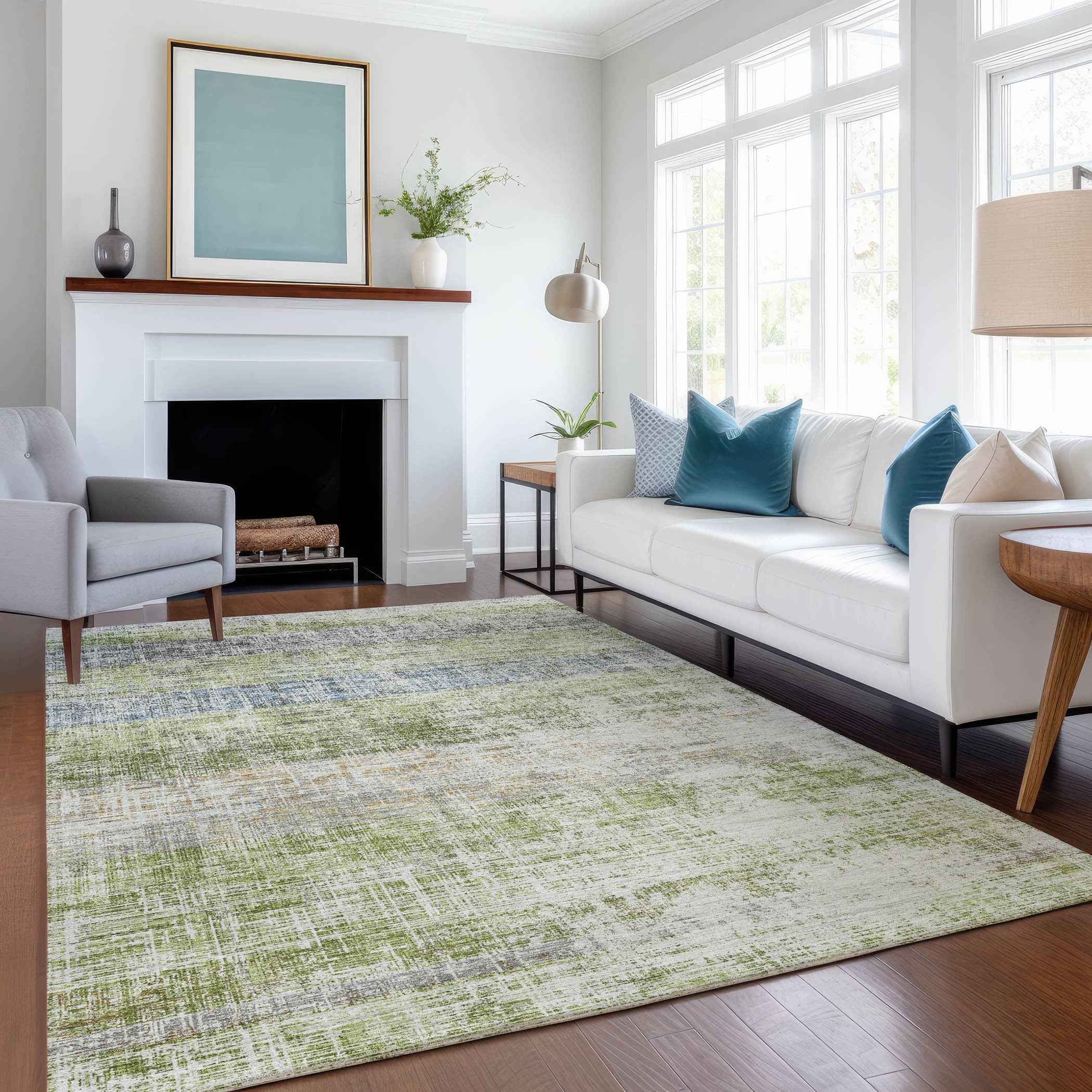 5' X 8' Green Ivory And Blue Striped Washable Indoor Outdoor Area Rug