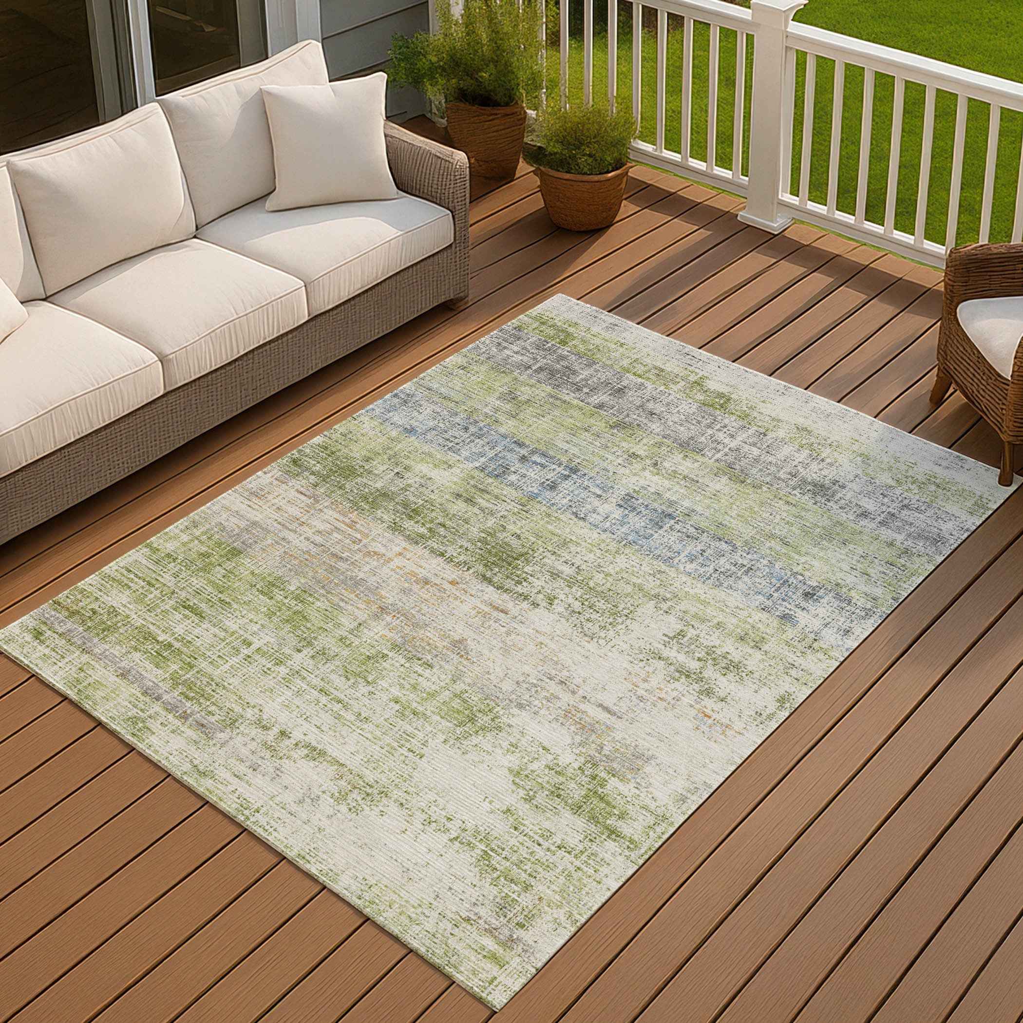 5' X 8' Green Ivory And Blue Striped Washable Indoor Outdoor Area Rug