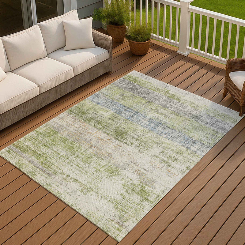 5' X 8' Green Ivory And Blue Striped Washable Indoor Outdoor Area Rug