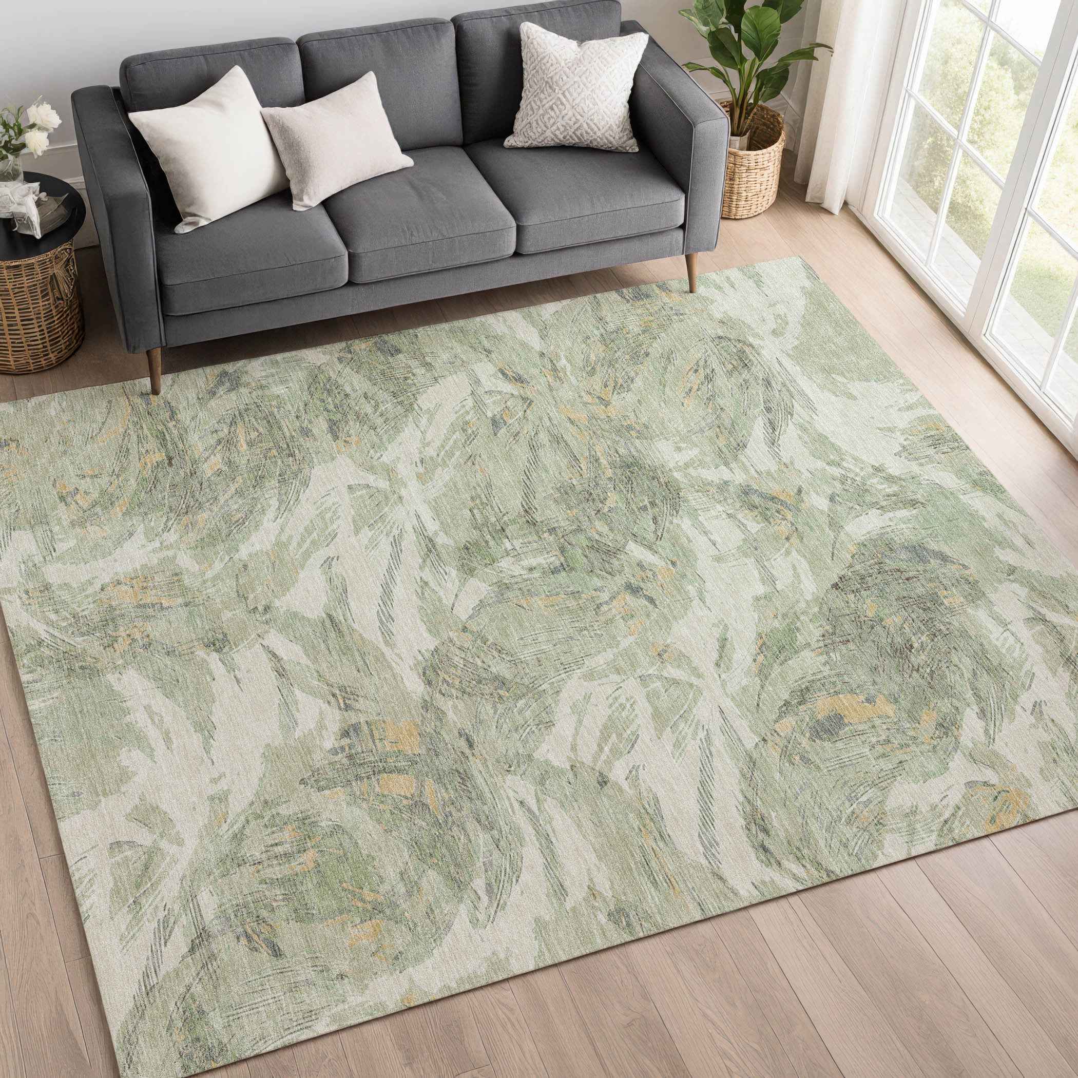 9' X 12' Lime Green And Ivory Floral Washable Indoor Outdoor Area Rug