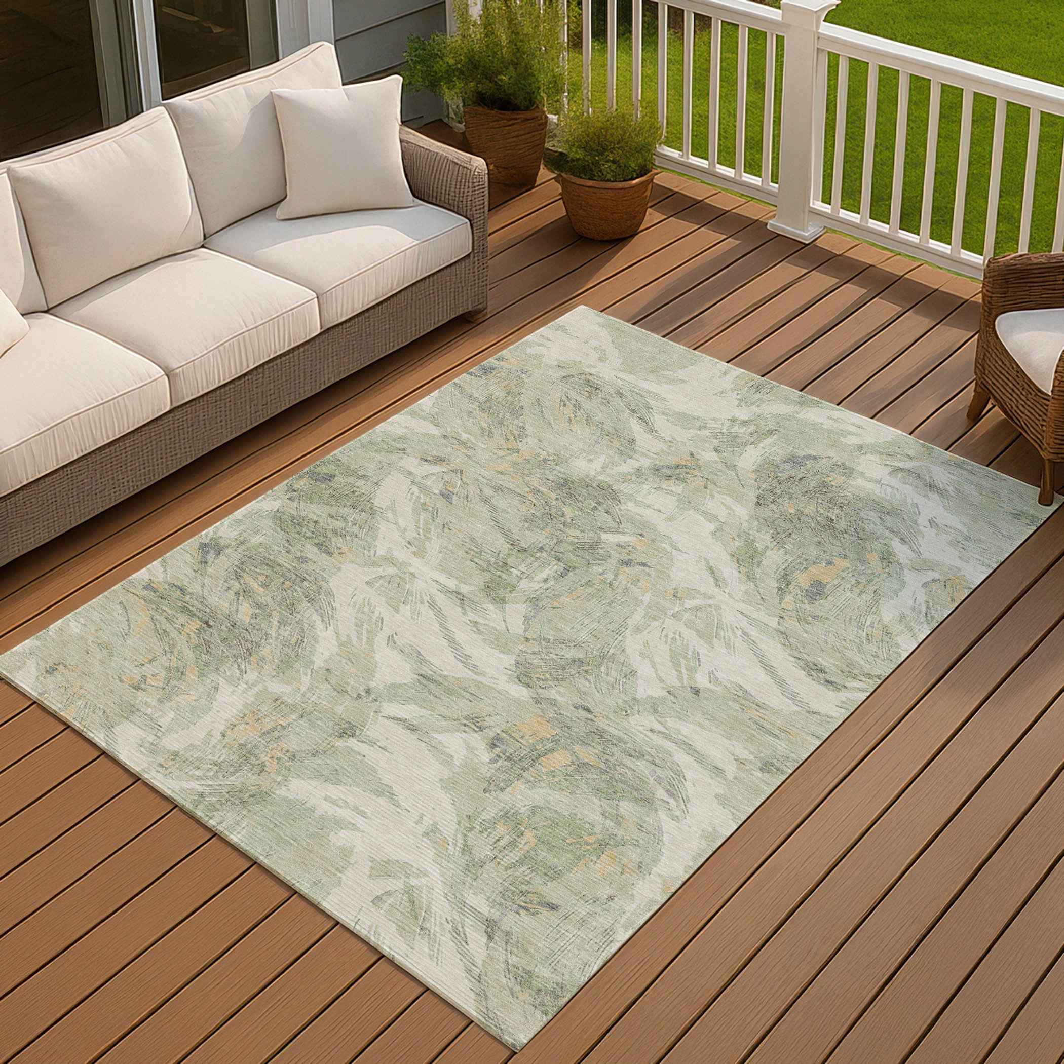 9' X 12' Lime Green And Ivory Floral Washable Indoor Outdoor Area Rug