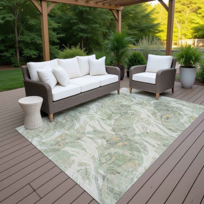 9' X 12' Lime Green And Ivory Floral Washable Indoor Outdoor Area Rug