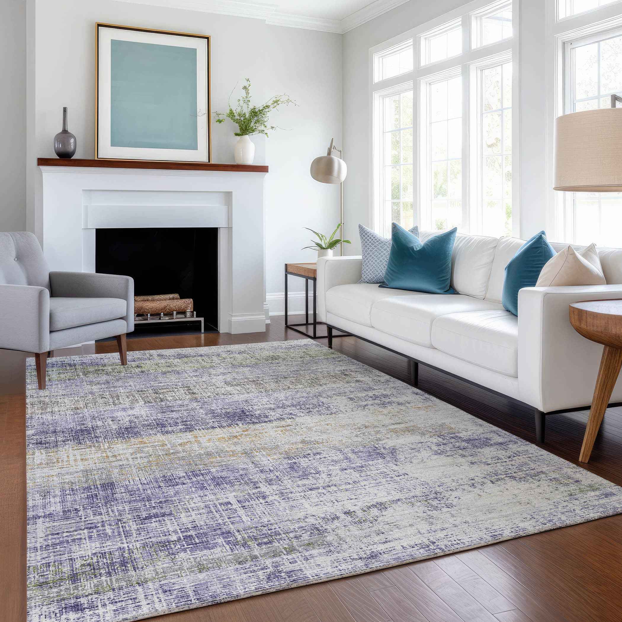 5' X 8' Lavender Ivory And Gray Striped Washable Indoor Outdoor Area Rug