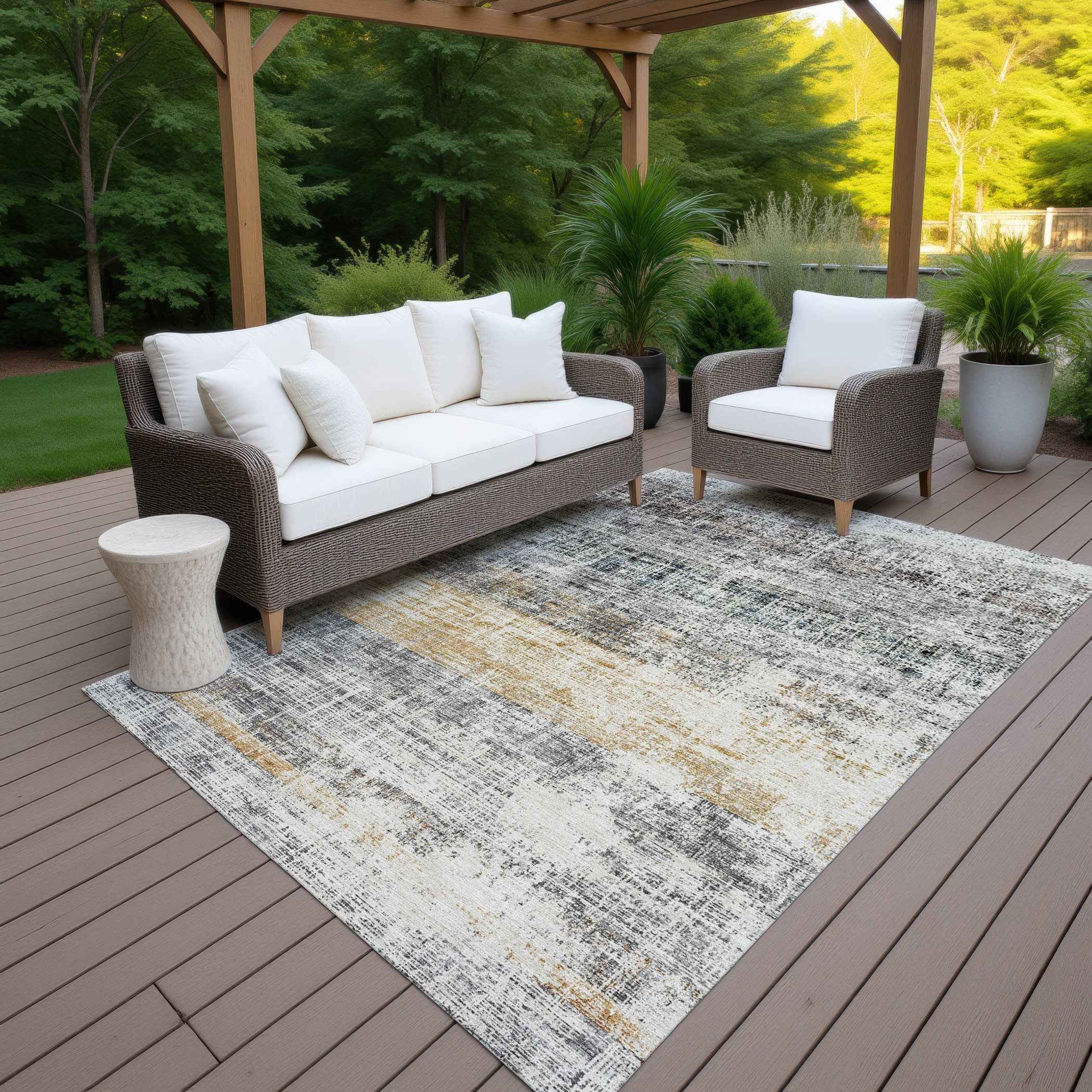 9' X 12' Gray Silver And Gold Striped Washable Indoor Outdoor Area Rug