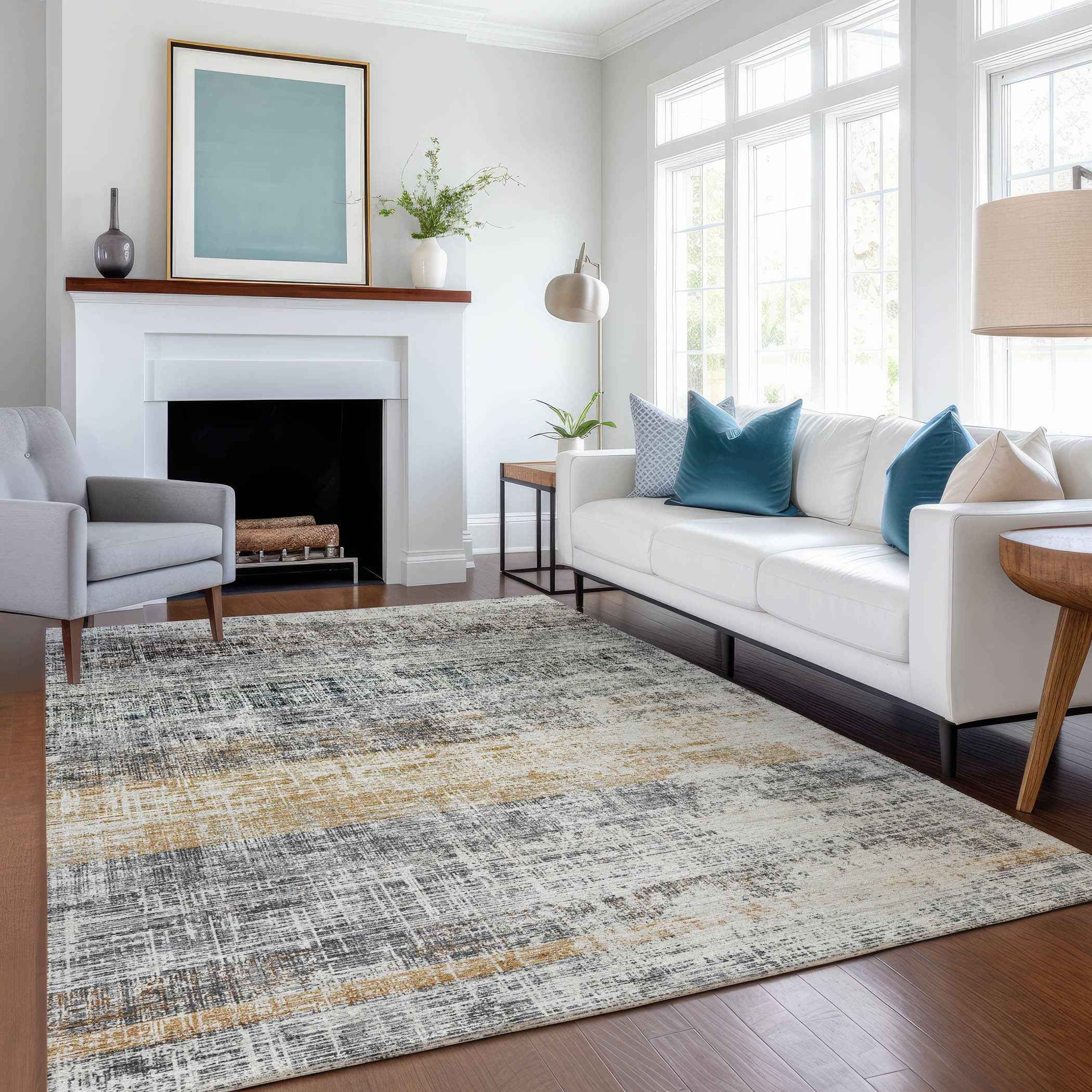 9' X 12' Gray Silver And Gold Striped Washable Indoor Outdoor Area Rug