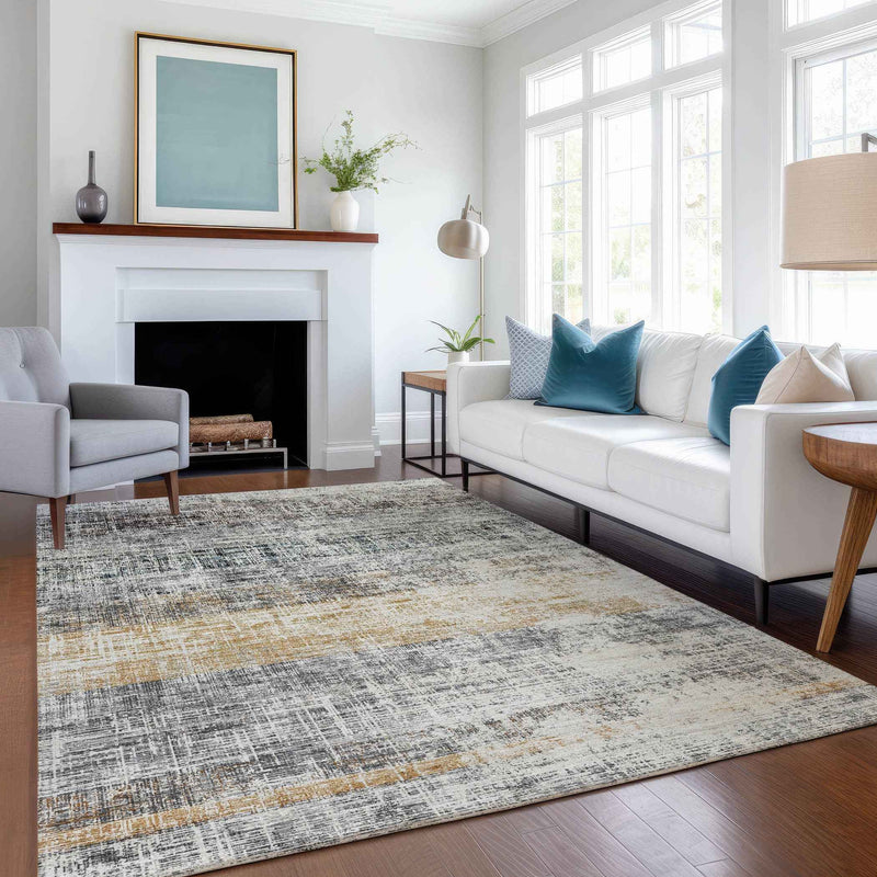 9' X 12' Gray Silver And Gold Striped Washable Indoor Outdoor Area Rug