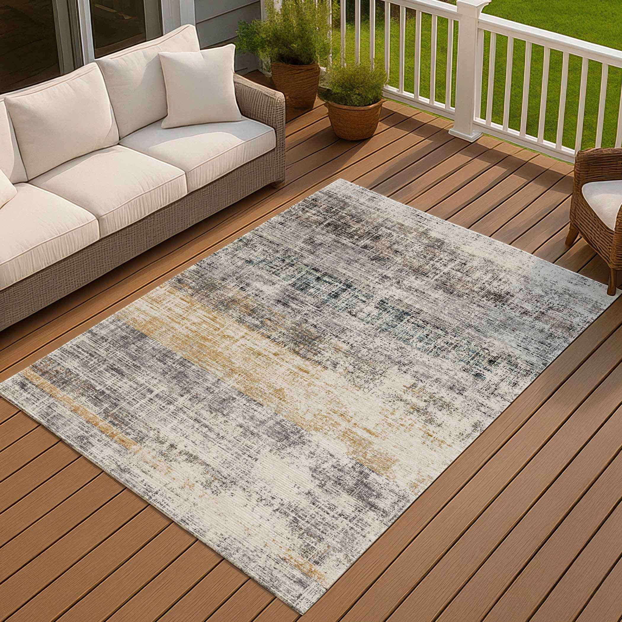 9' X 12' Gray Silver And Gold Striped Washable Indoor Outdoor Area Rug
