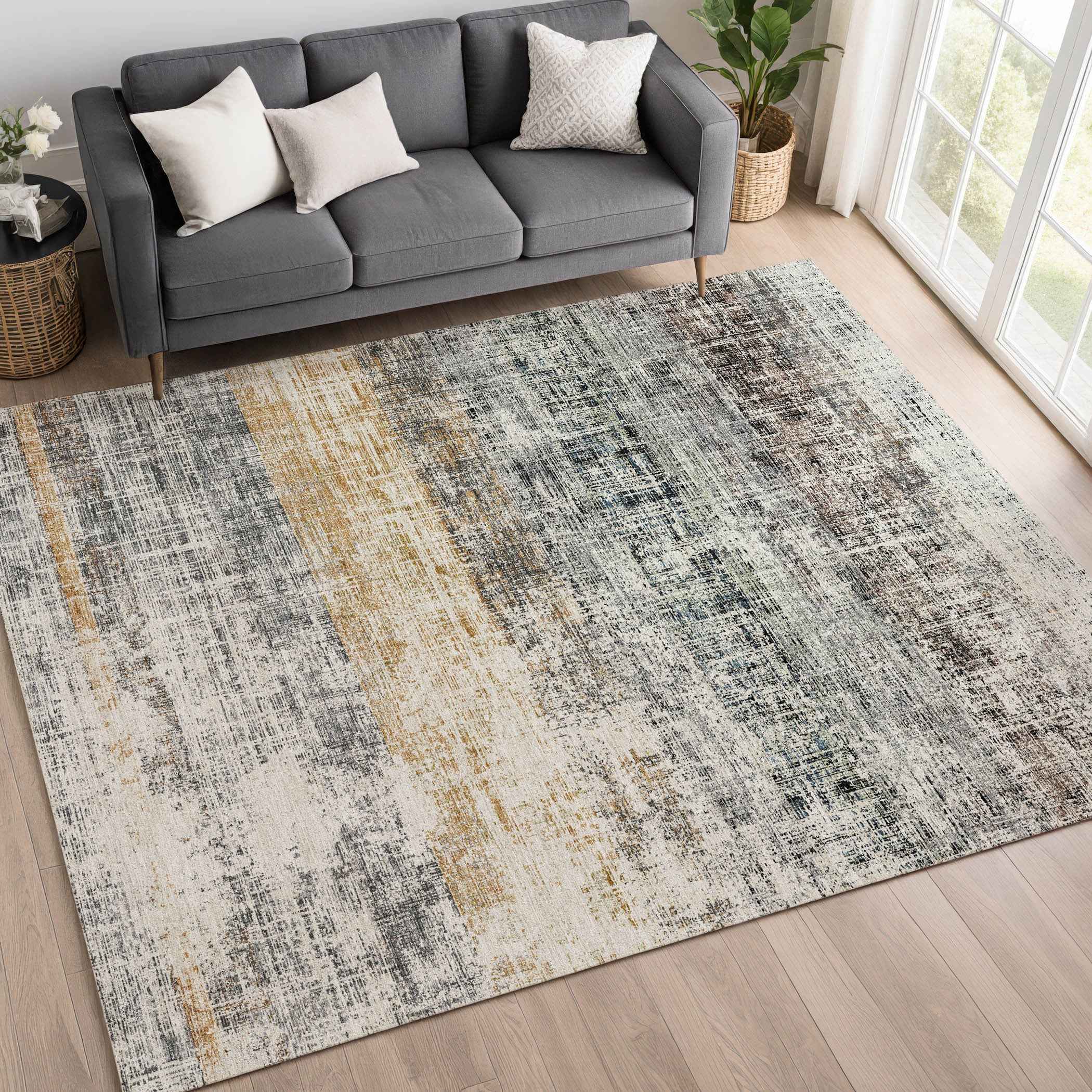 9' X 12' Gray Silver And Gold Striped Washable Indoor Outdoor Area Rug