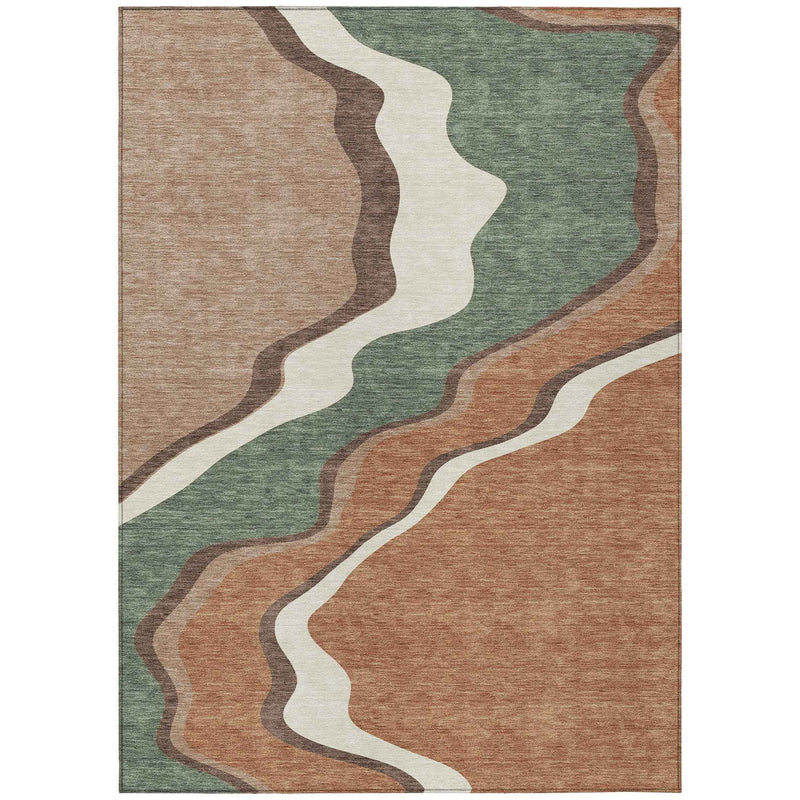 3' X 5' Copper Ivory And Fern Green Abstract Washable Indoor Outdoor Area Rug
