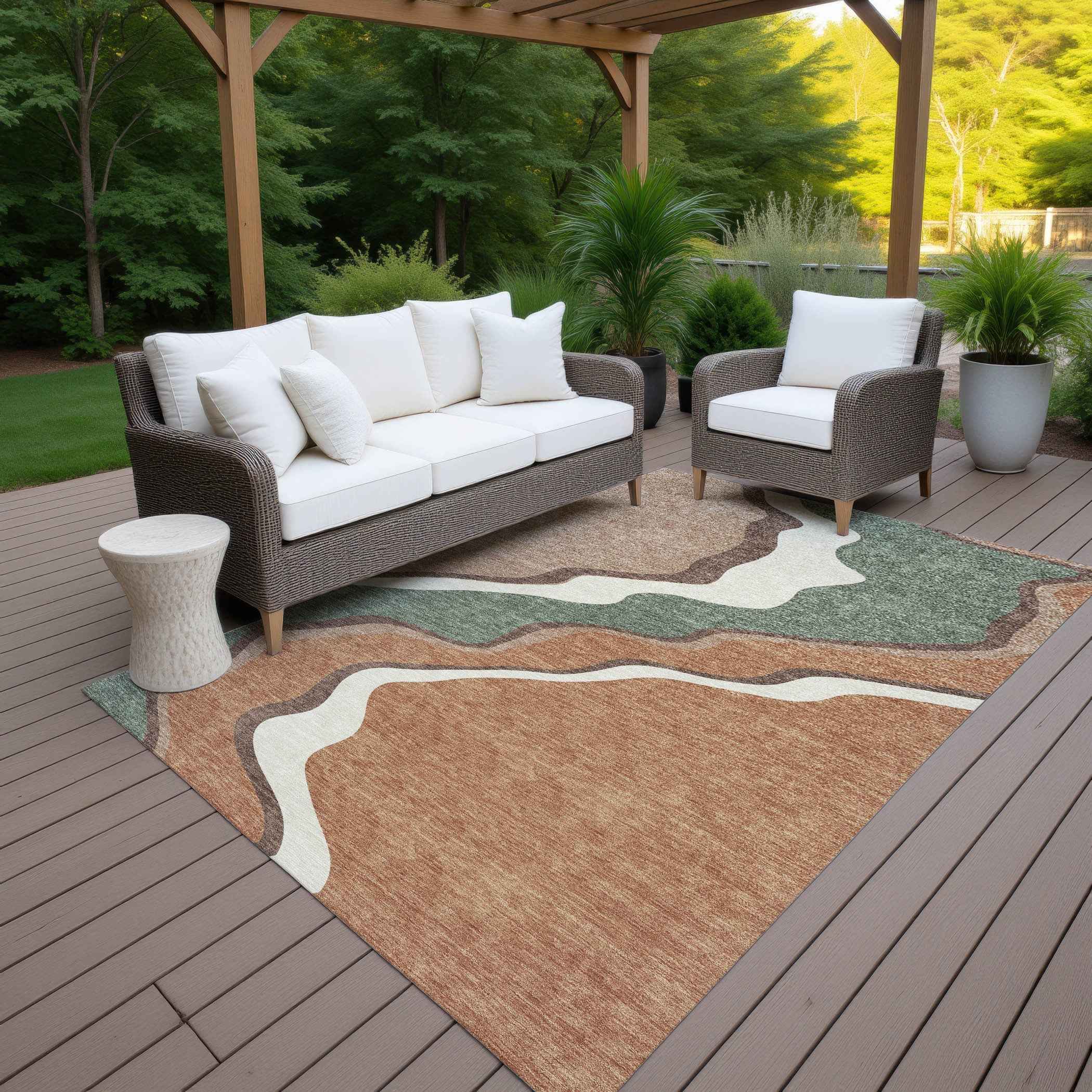 3' X 5' Copper Ivory And Fern Green Abstract Washable Indoor Outdoor Area Rug