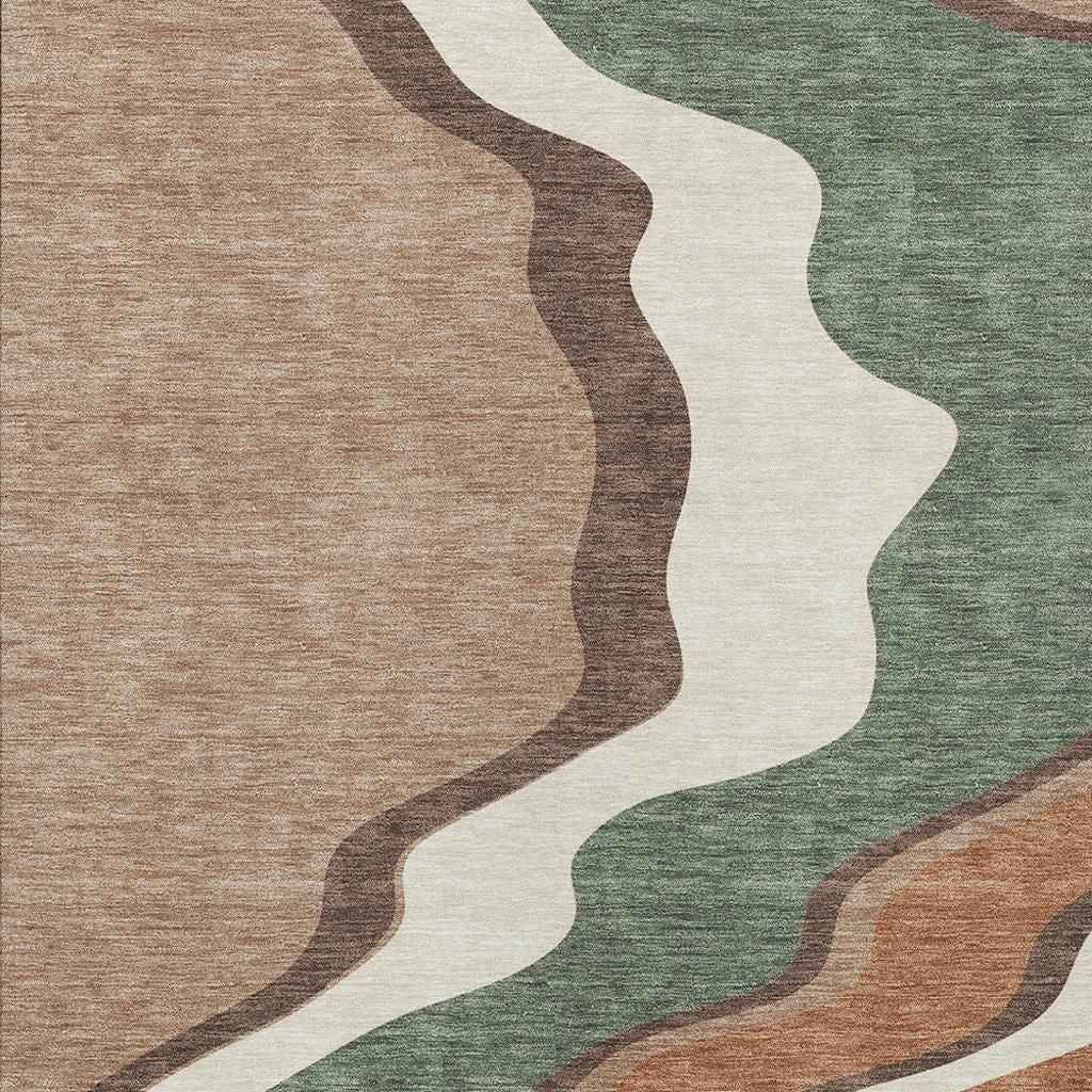 3' X 5' Copper Ivory And Fern Green Abstract Washable Indoor Outdoor Area Rug