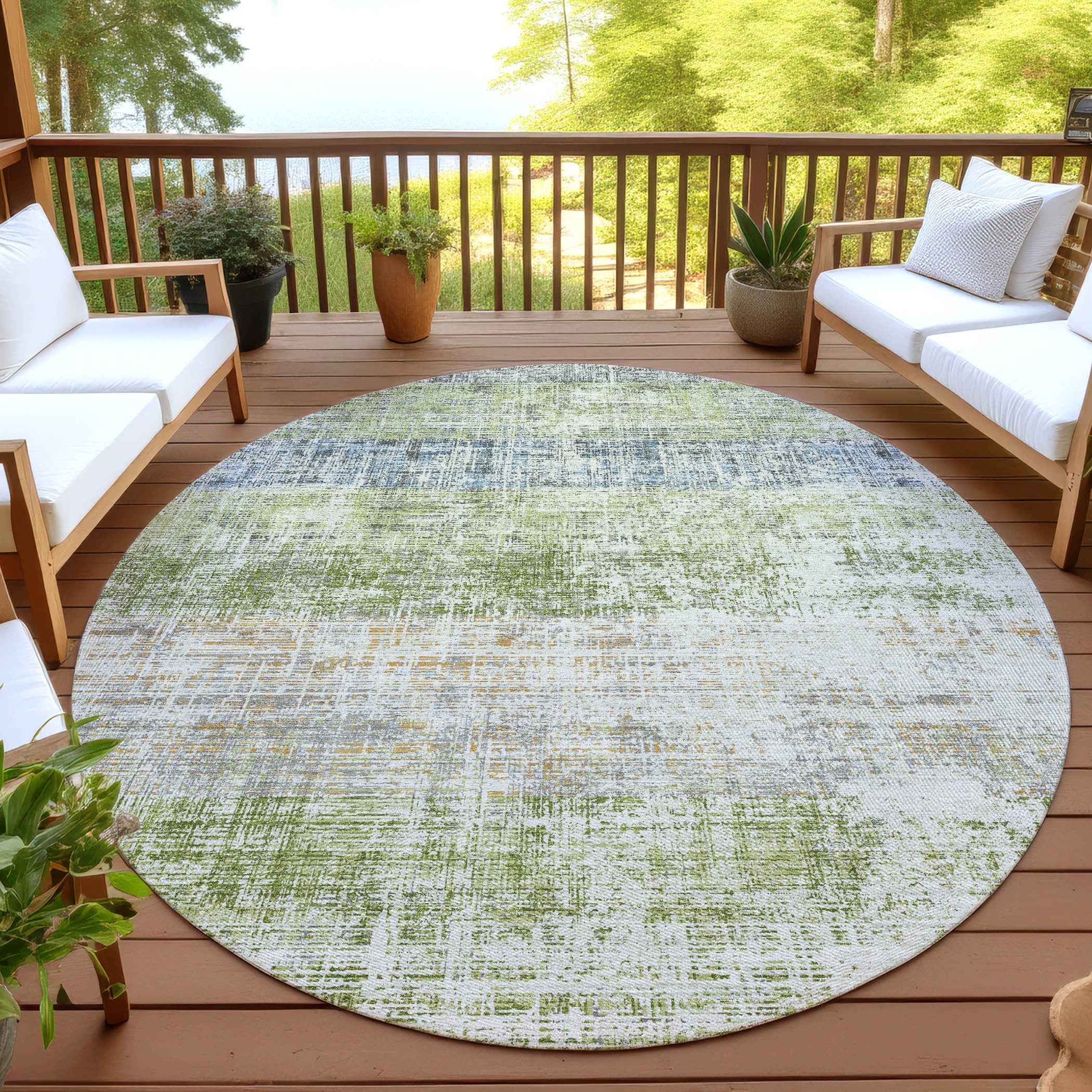 8' Green Ivory And Blue Round Striped Washable Indoor Outdoor Area Rug