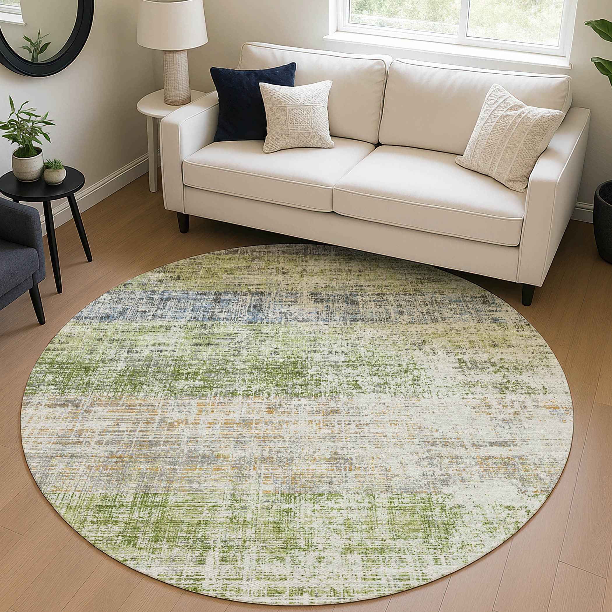 8' Green Ivory And Blue Round Striped Washable Indoor Outdoor Area Rug