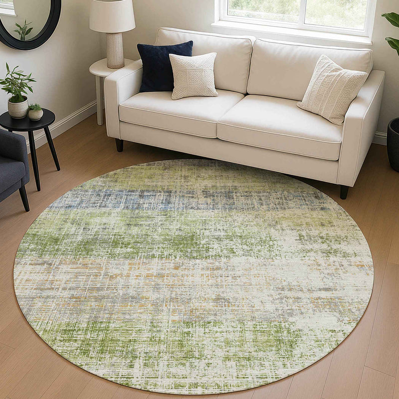 8' Green Ivory And Blue Round Striped Washable Indoor Outdoor Area Rug