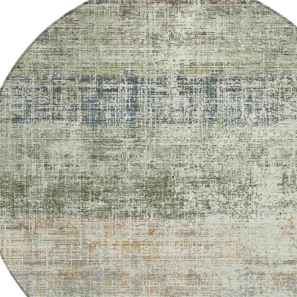 8' Olive Green Beige And Brown Round Striped Washable Indoor Outdoor Area Rug