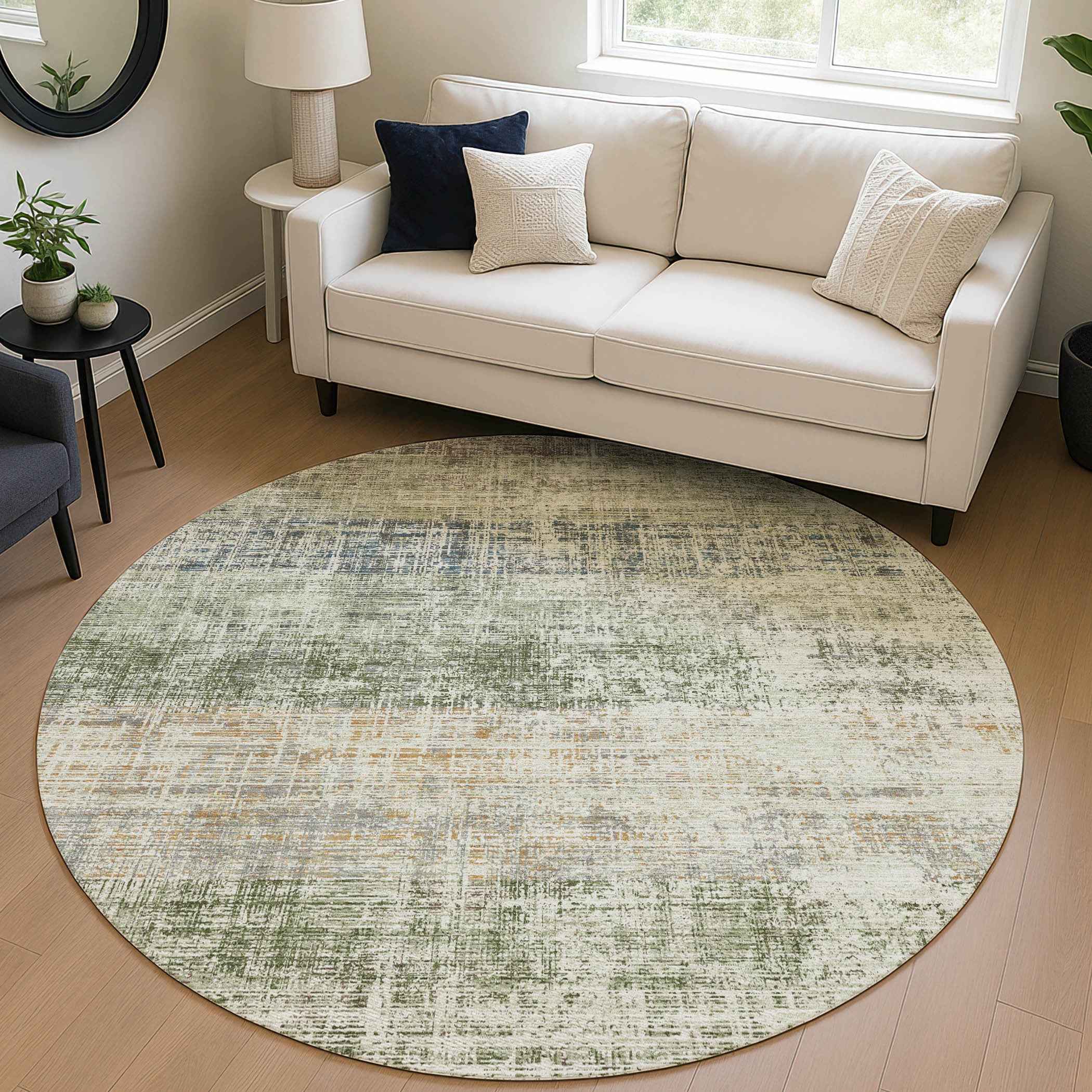 8' Olive Green Beige And Brown Round Striped Washable Indoor Outdoor Area Rug