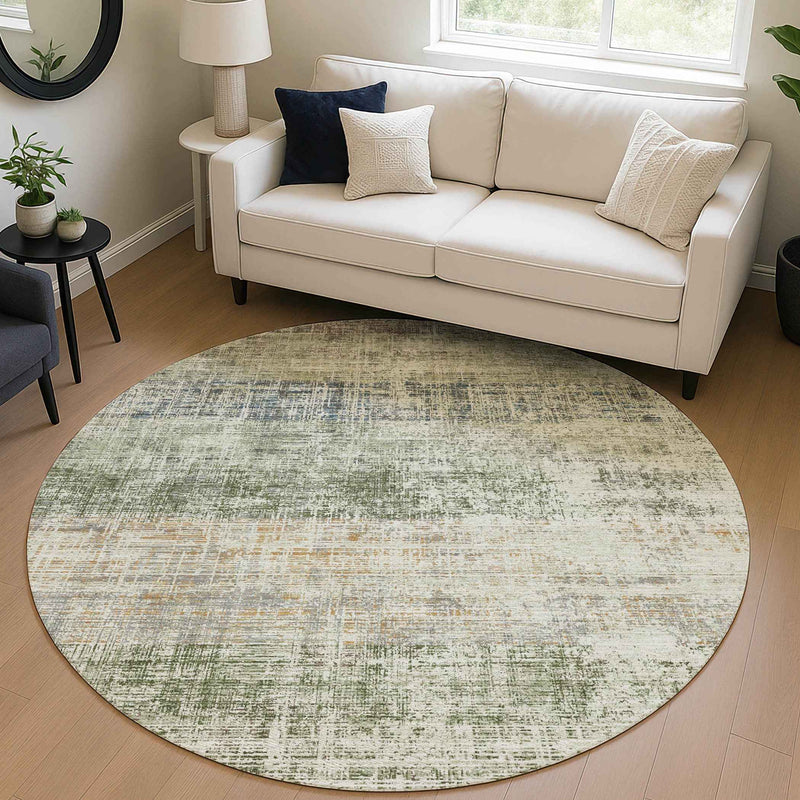 8' Olive Green Beige And Brown Round Striped Washable Indoor Outdoor Area Rug