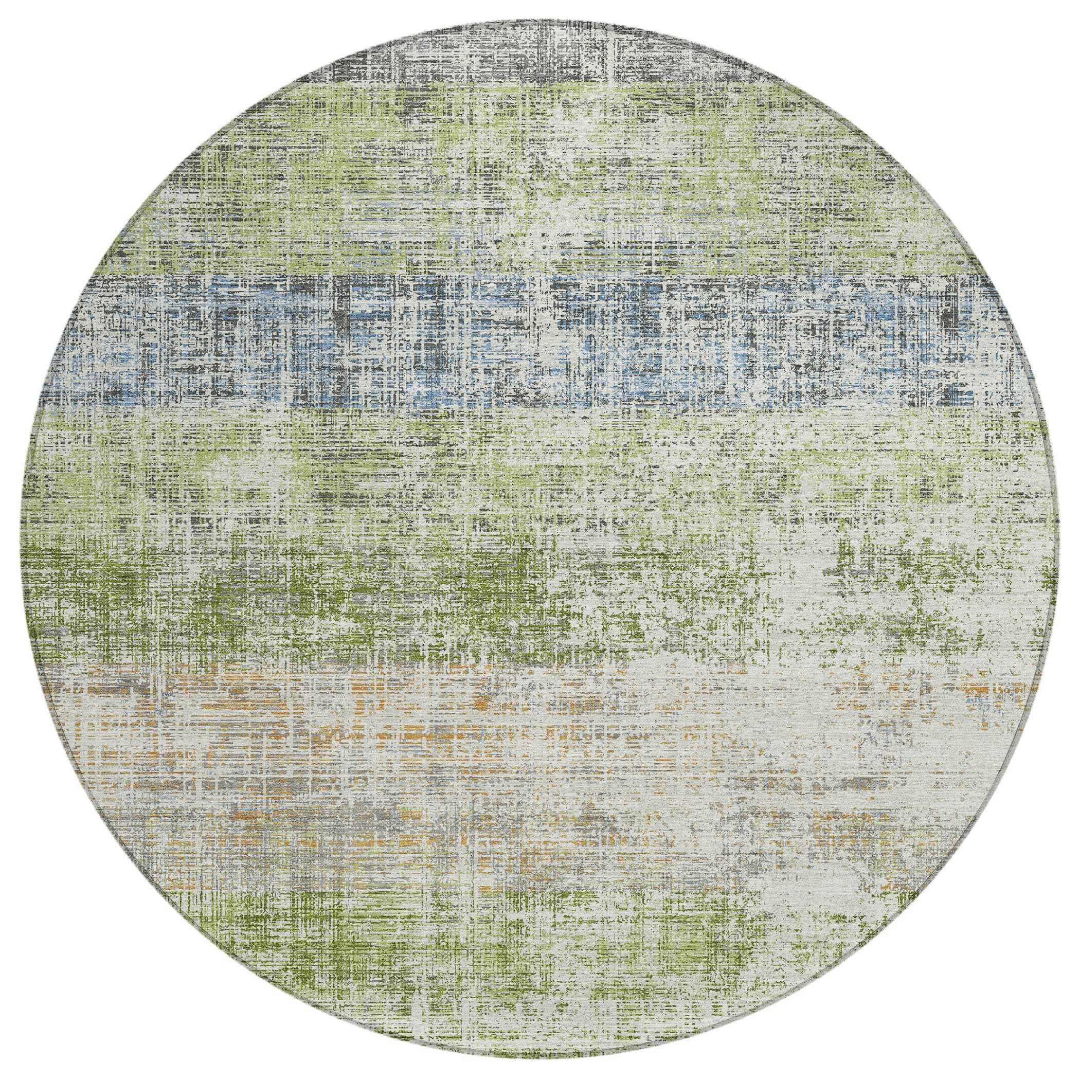 8' Green Ivory And Blue Round Striped Washable Indoor Outdoor Area Rug