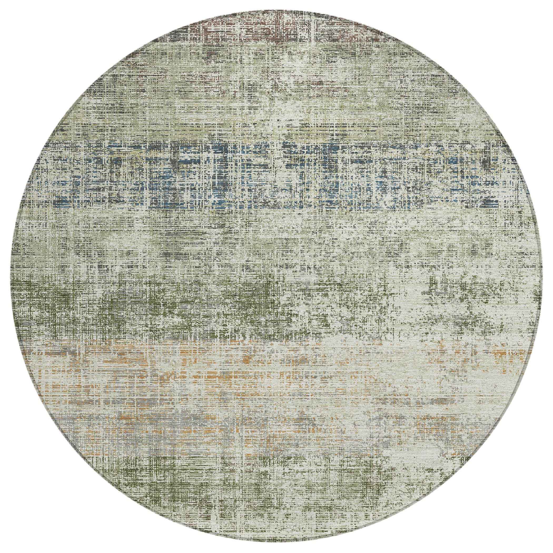 8' Olive Green Beige And Brown Round Striped Washable Indoor Outdoor Area Rug