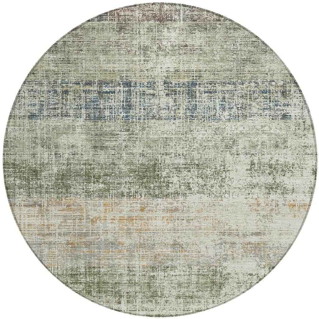 8' Olive Green Beige And Brown Round Striped Washable Indoor Outdoor Area Rug