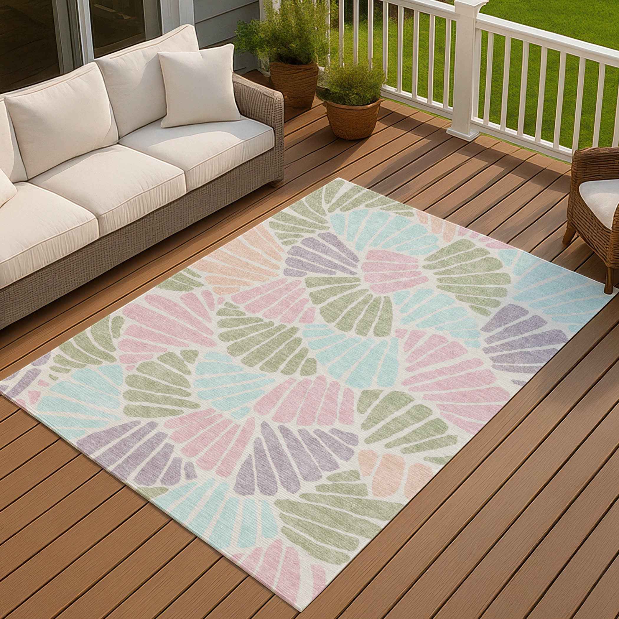 9' X 12' Sage Pink And Aqua Floral Washable Indoor Outdoor Area Rug