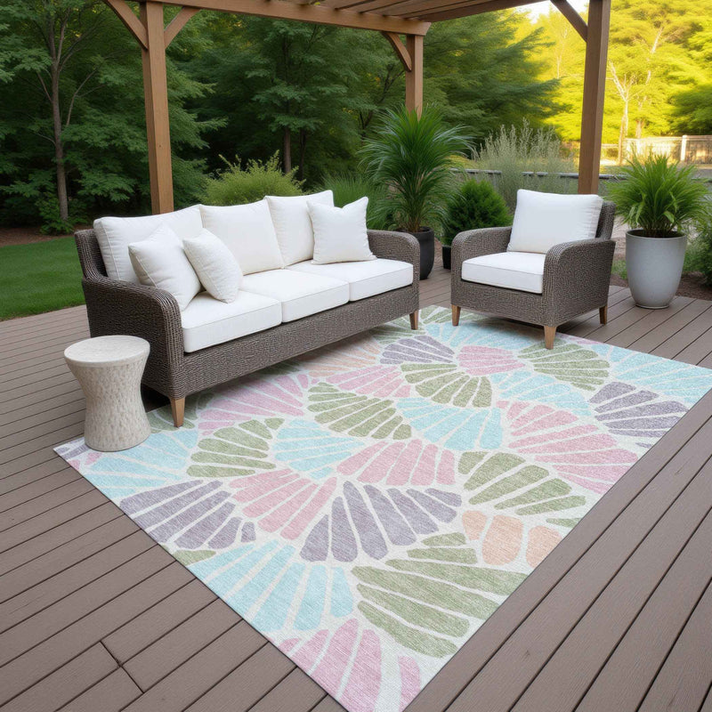 9' X 12' Sage Pink And Aqua Floral Washable Indoor Outdoor Area Rug