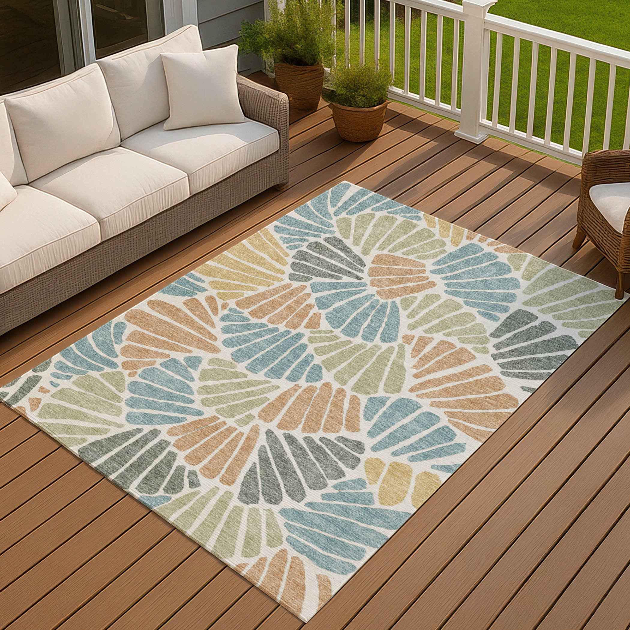 5' X 8' Pale Aqua Copper And Gold Floral Washable Indoor Outdoor Area Rug