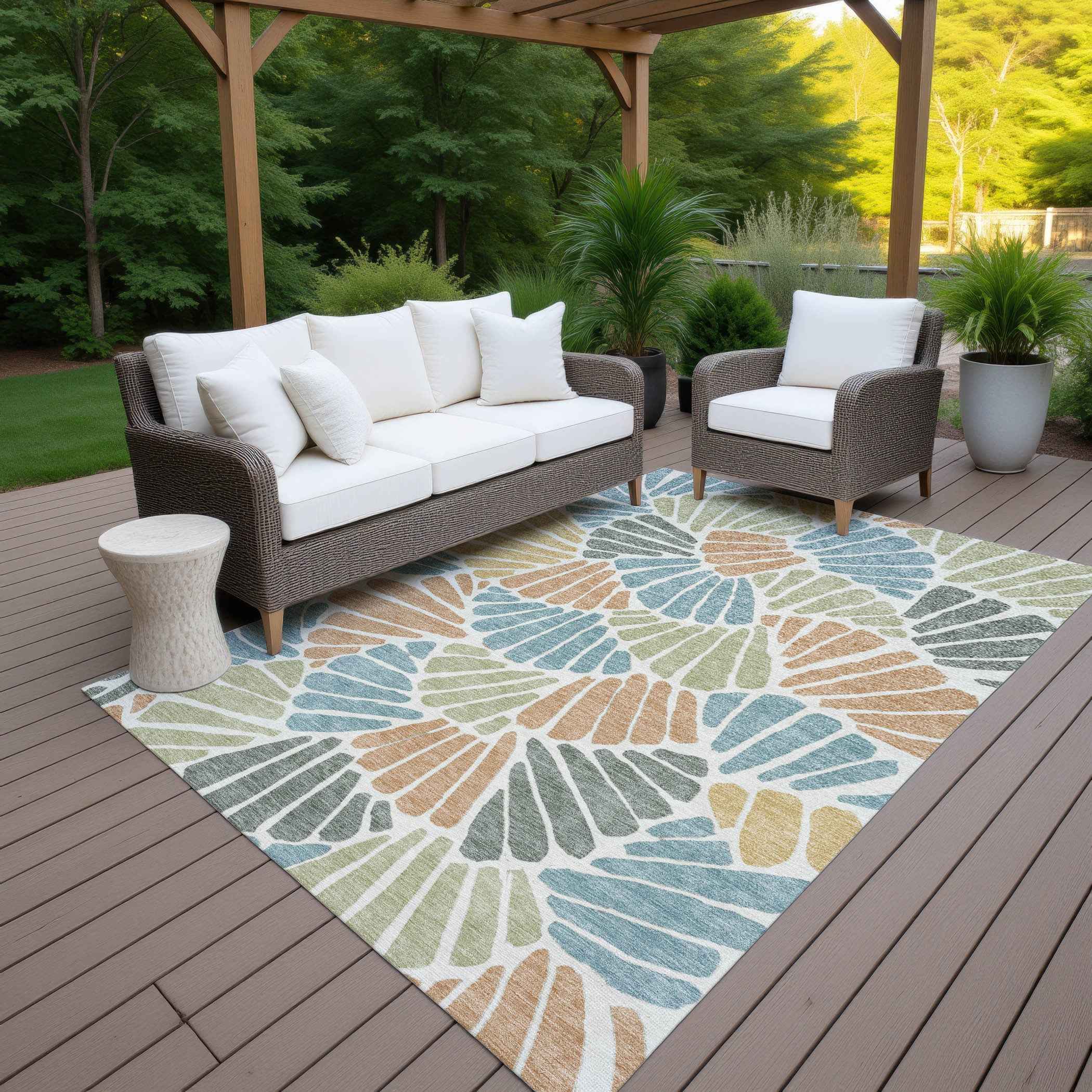 5' X 8' Pale Aqua Copper And Gold Floral Washable Indoor Outdoor Area Rug