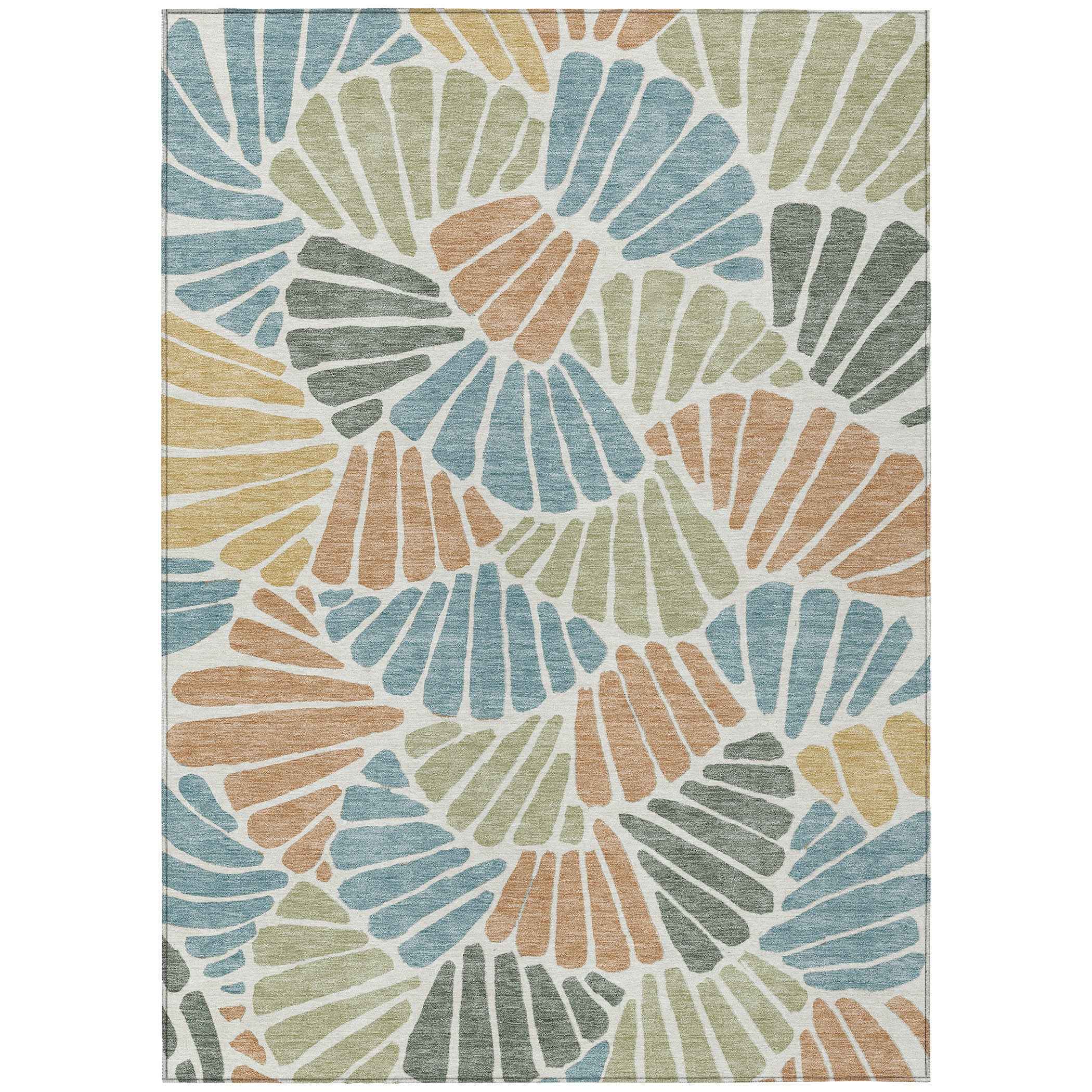 5' X 8' Pale Aqua Copper And Gold Floral Washable Indoor Outdoor Area Rug