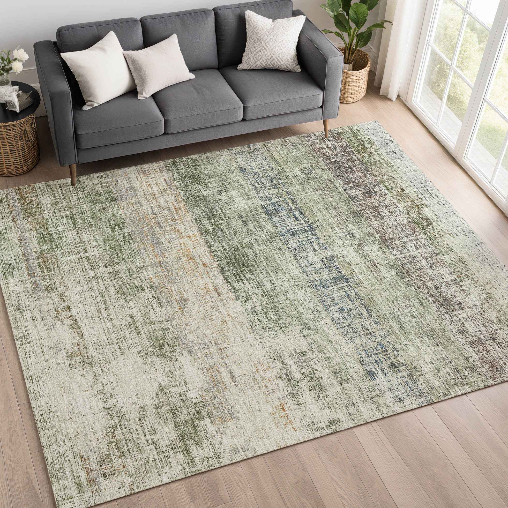 3' X 5' Olive Green Beige And Brown Striped Washable Indoor Outdoor Area Rug