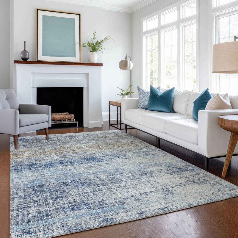 9' X 12' Denim Blue Ivory And Beige Striped Washable Indoor Outdoor Area Rug