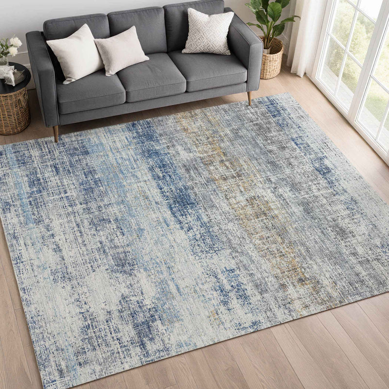 9' X 12' Denim Blue Ivory And Beige Striped Washable Indoor Outdoor Area Rug