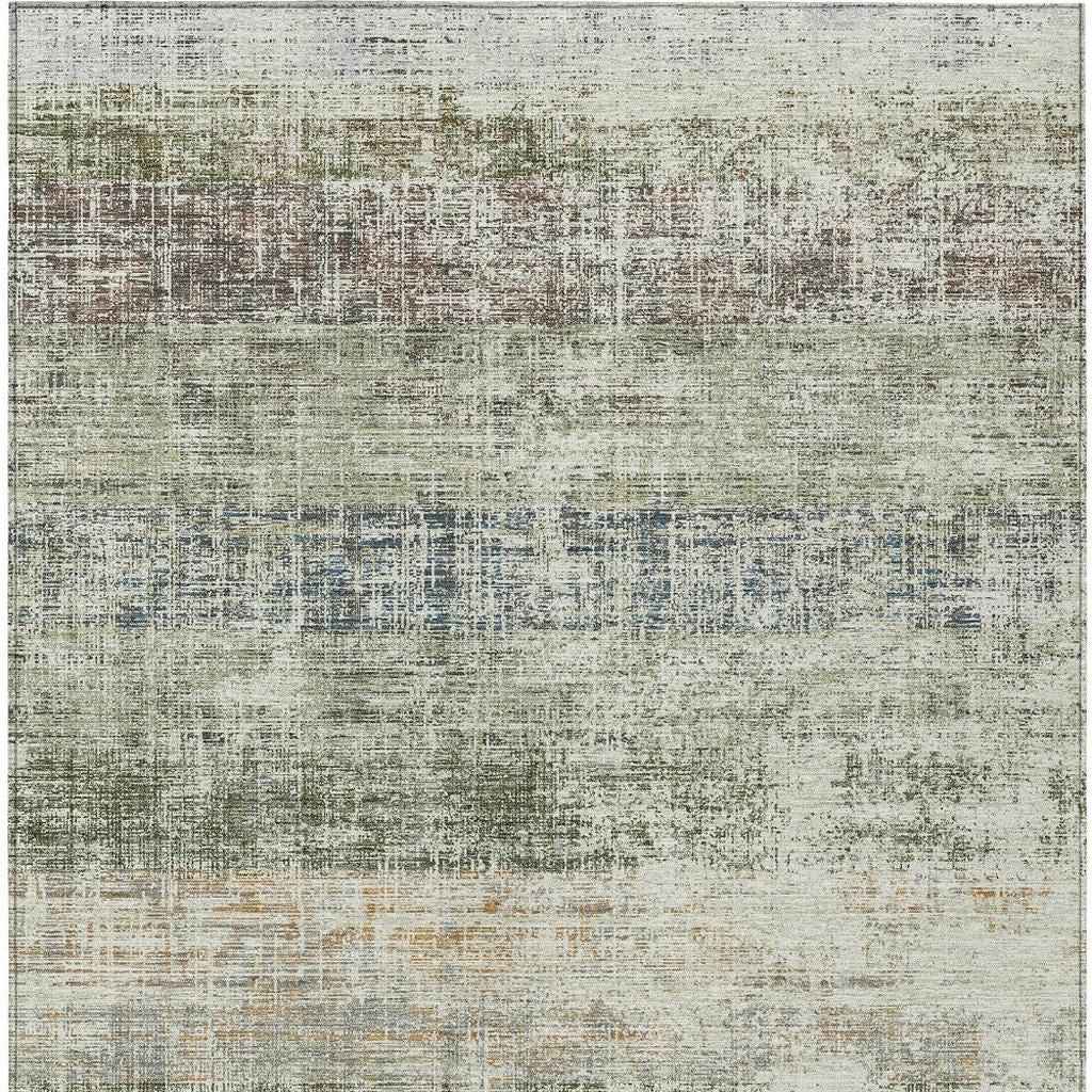 8' X 10' Olive Green Beige And Brown Striped Washable Indoor Outdoor Area Rug