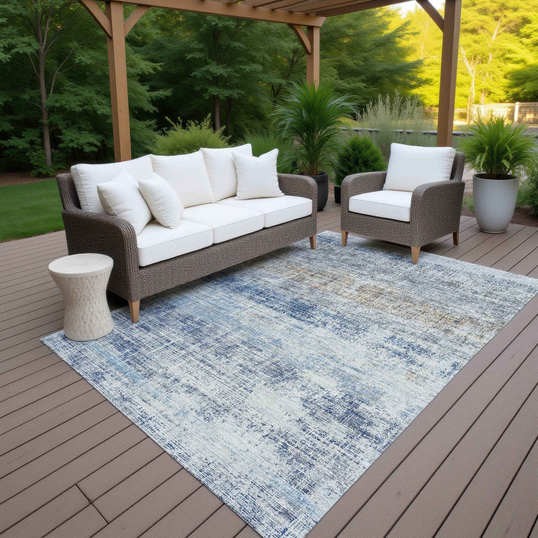 8' X 10' Denim Blue Ivory And Beige Striped Washable Indoor Outdoor Area Rug