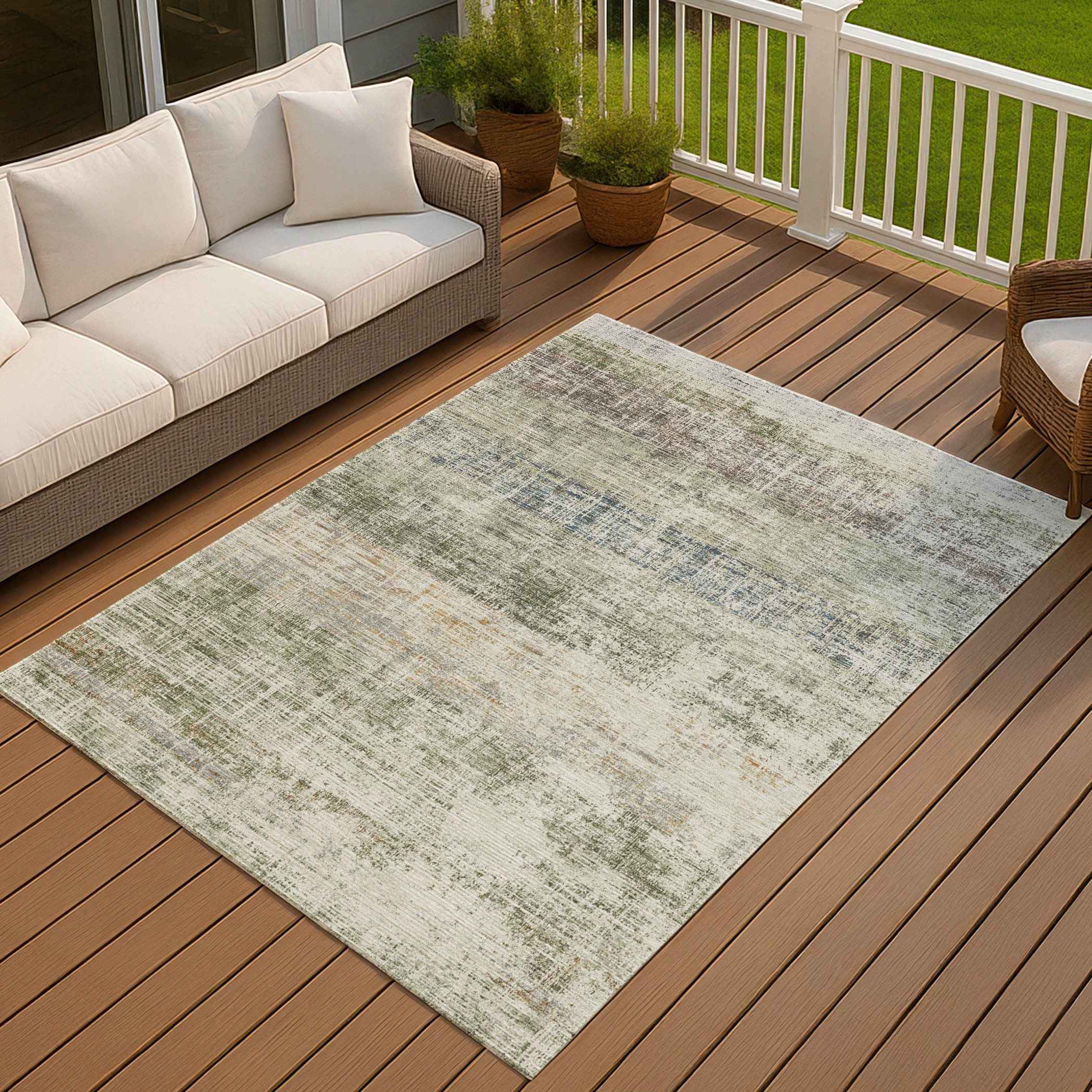 8' X 10' Olive Green Beige And Brown Striped Washable Indoor Outdoor Area Rug