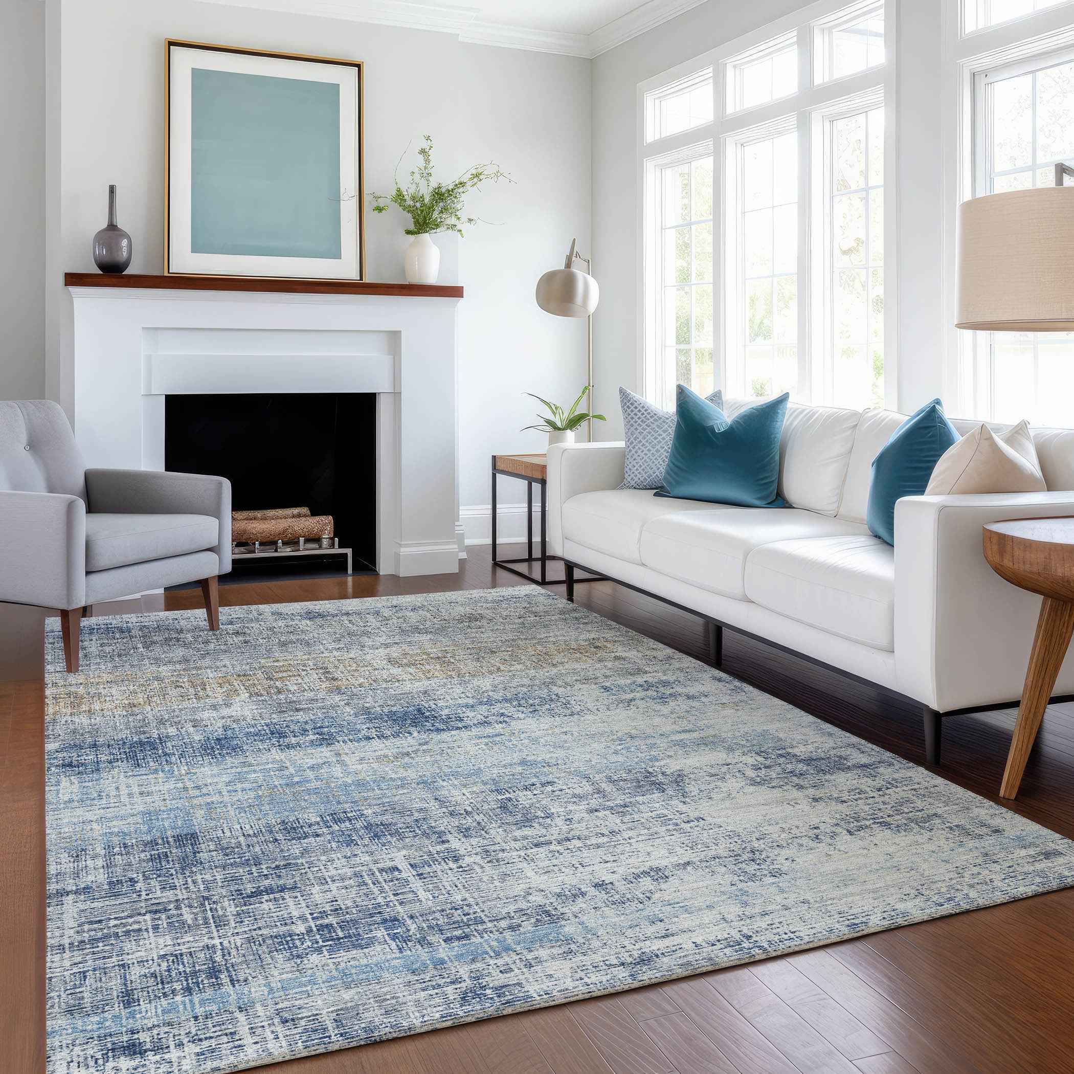 8' X 10' Denim Blue Ivory And Beige Striped Washable Indoor Outdoor Area Rug