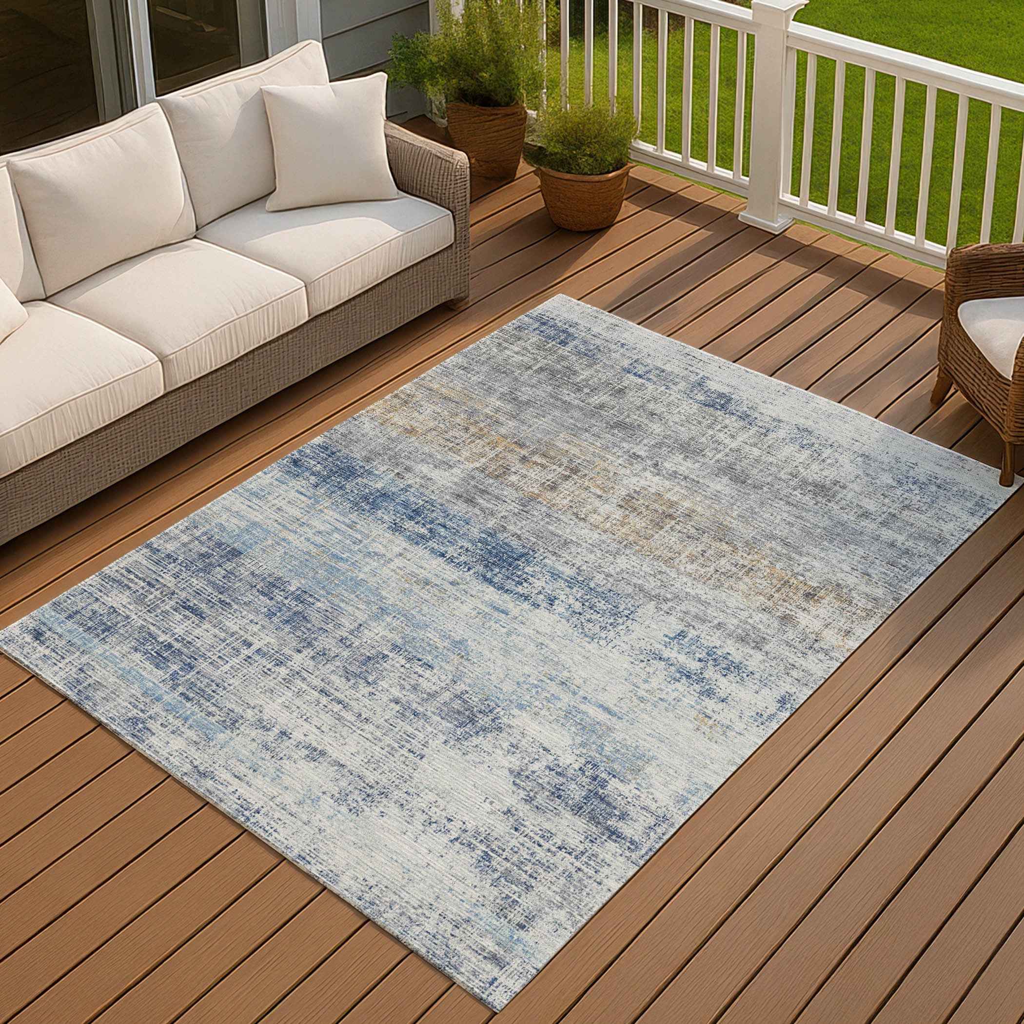 9' X 12' Denim Blue Ivory And Beige Striped Washable Indoor Outdoor Area Rug