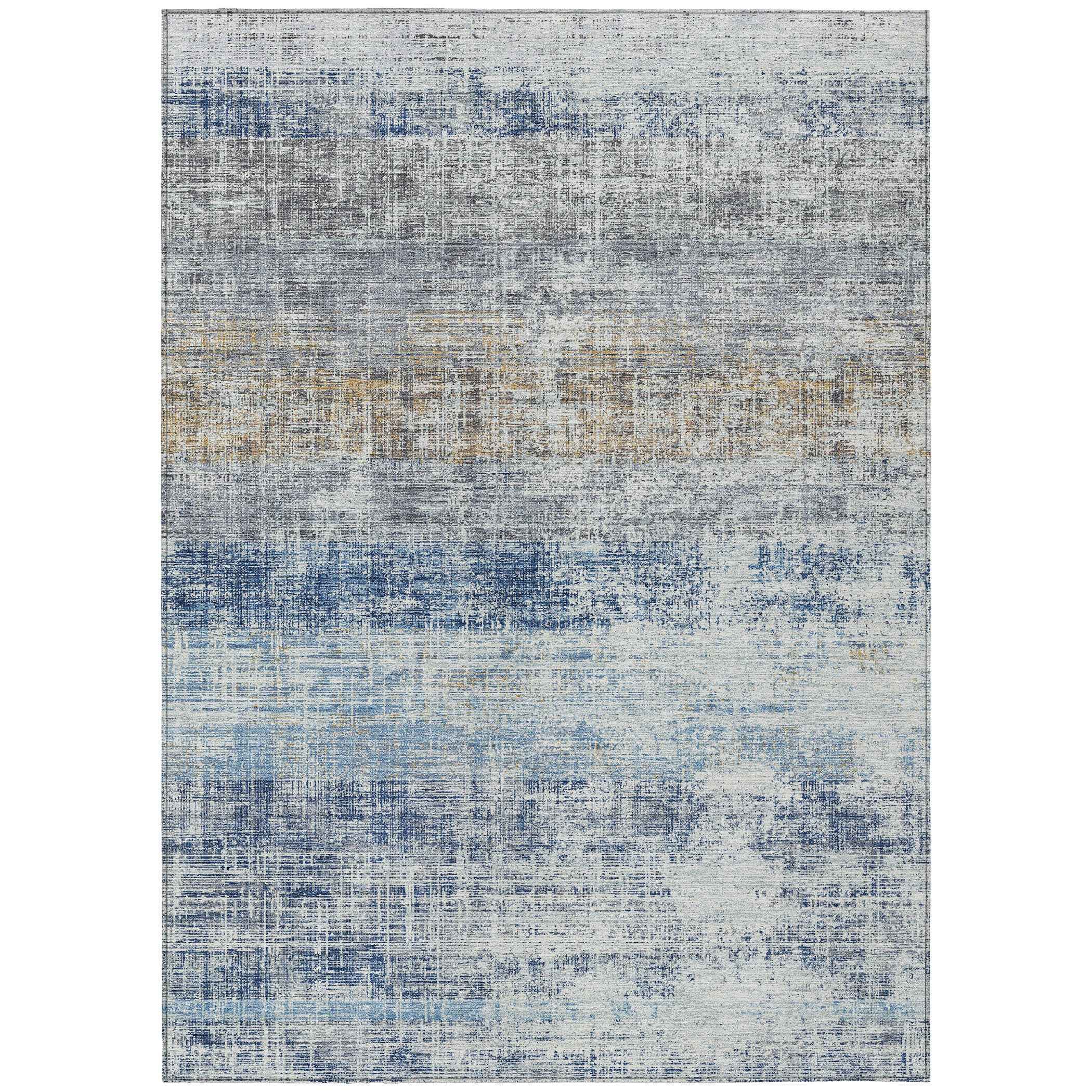 8' X 10' Denim Blue Ivory And Beige Striped Washable Indoor Outdoor Area Rug