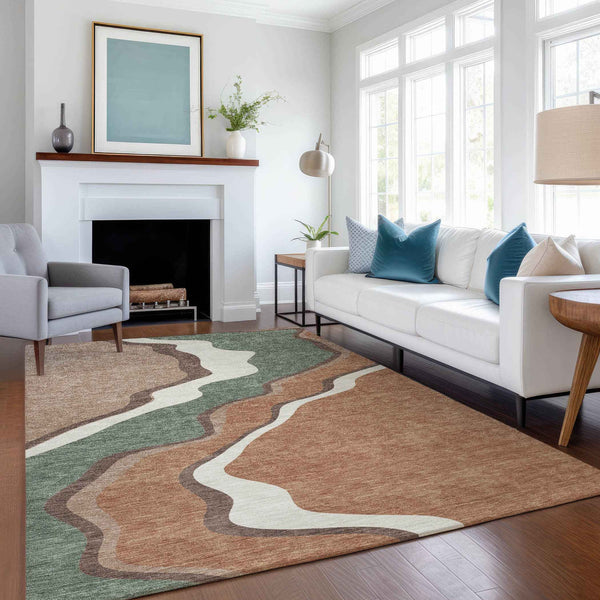 5' X 8' Copper Ivory And Fern Green Abstract Washable Indoor Outdoor Area Rug