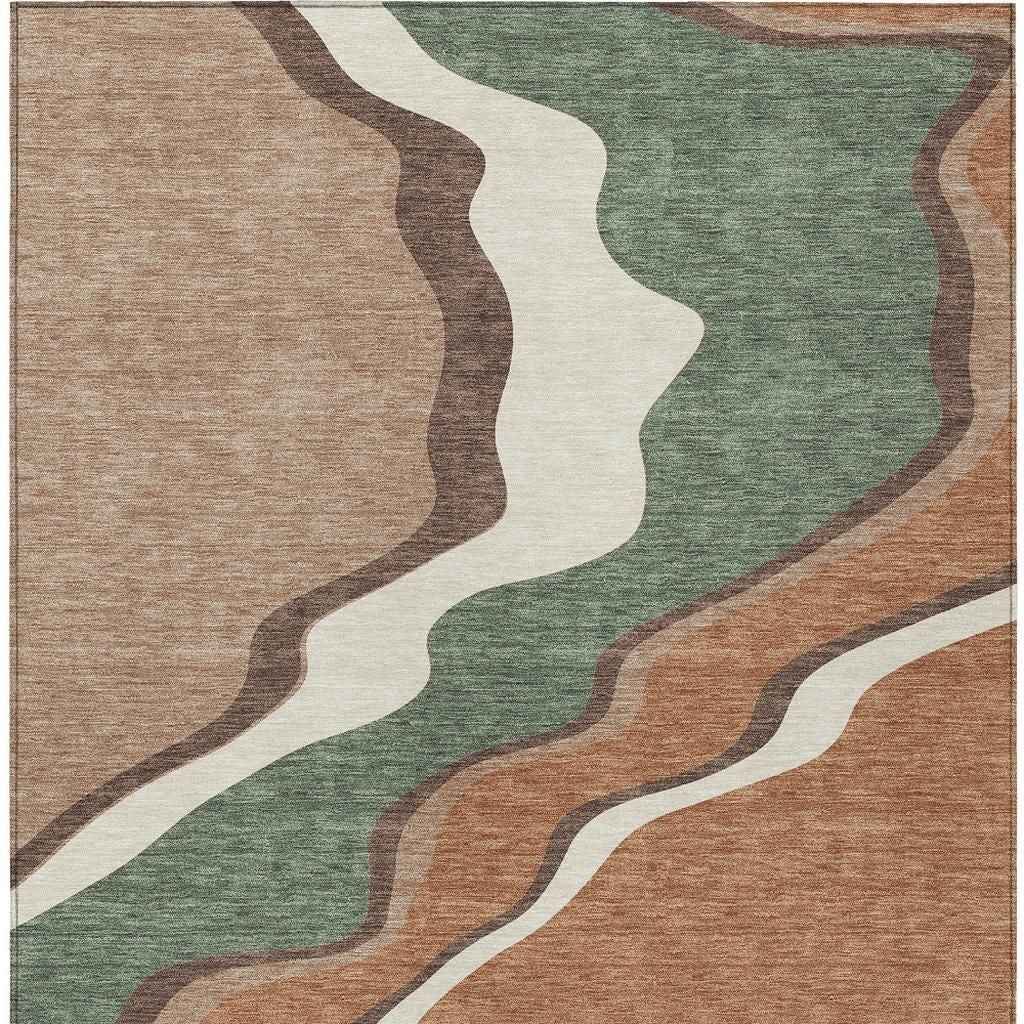 5' X 8' Copper Ivory And Fern Green Abstract Washable Indoor Outdoor Area Rug