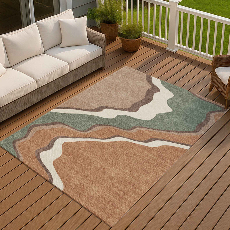 5' X 8' Copper Ivory And Fern Green Abstract Washable Indoor Outdoor Area Rug