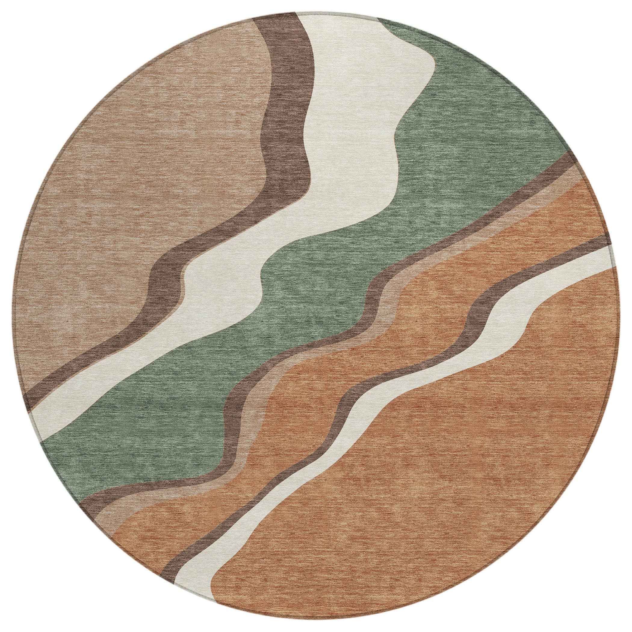 8' Copper Ivory And Fern Green Round Abstract Washable Indoor Outdoor Area Rug