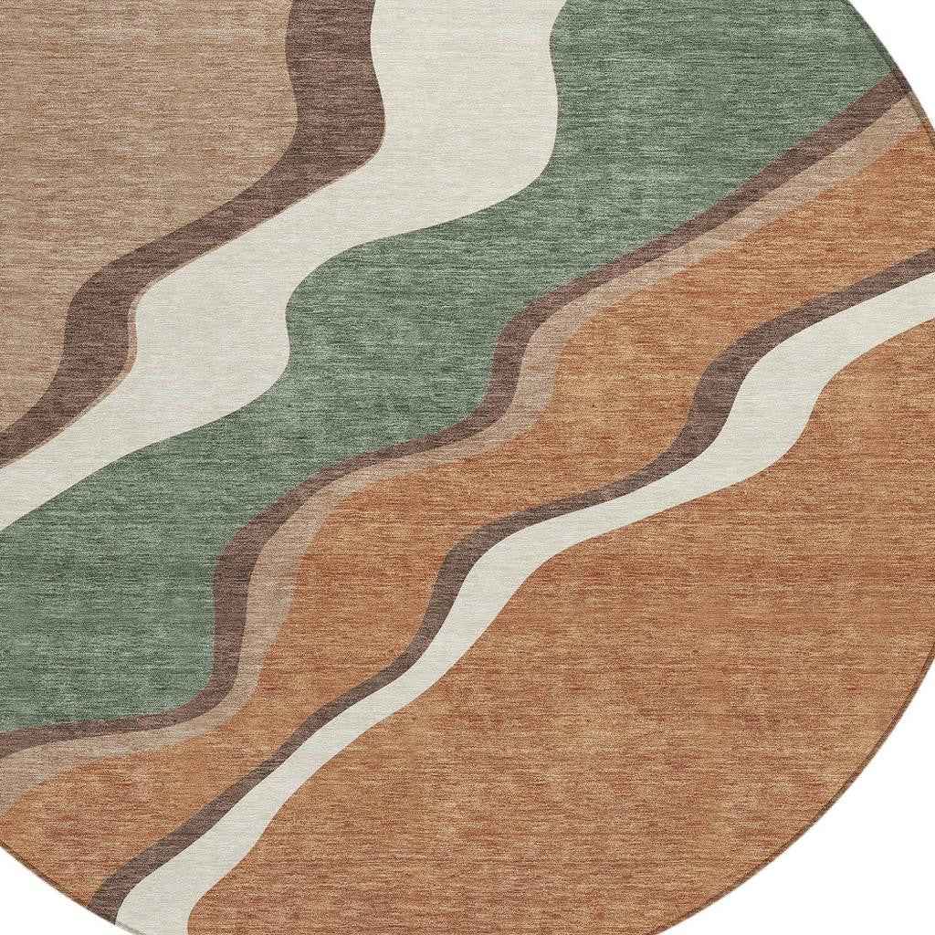 8' Copper Ivory And Fern Green Round Abstract Washable Indoor Outdoor Area Rug