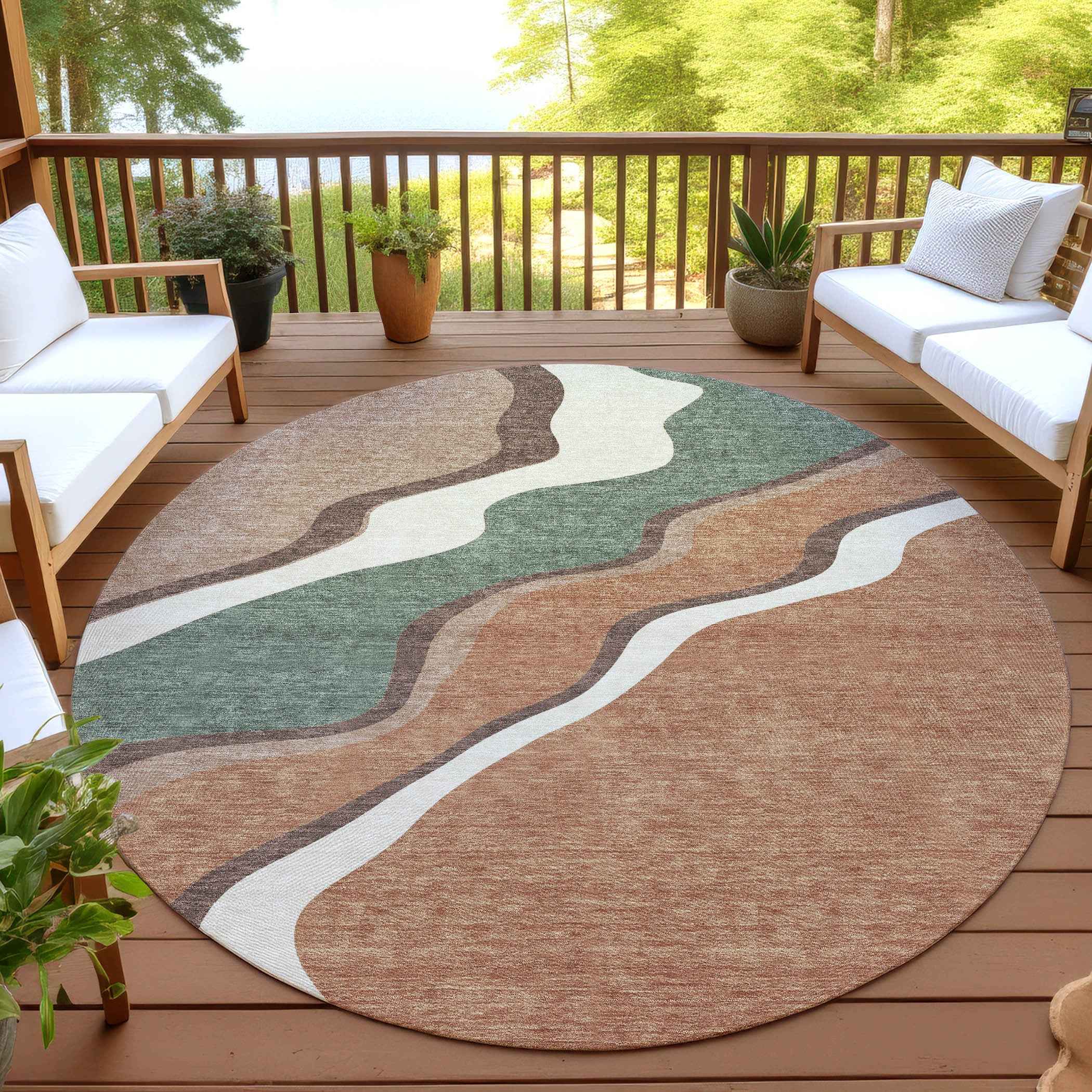 8' Copper Ivory And Fern Green Round Abstract Washable Indoor Outdoor Area Rug